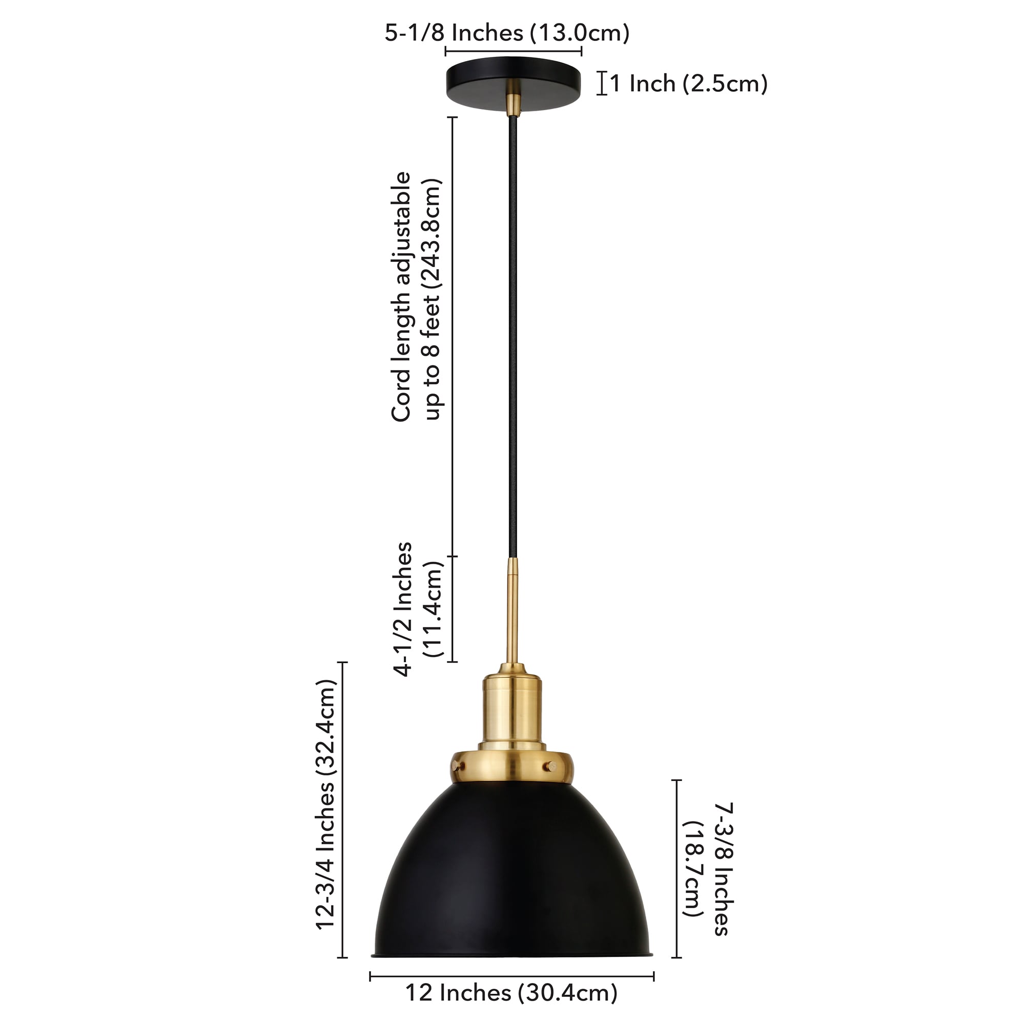 Modern 12" Black Bowl Pendant Light with Satin Nickel Accents