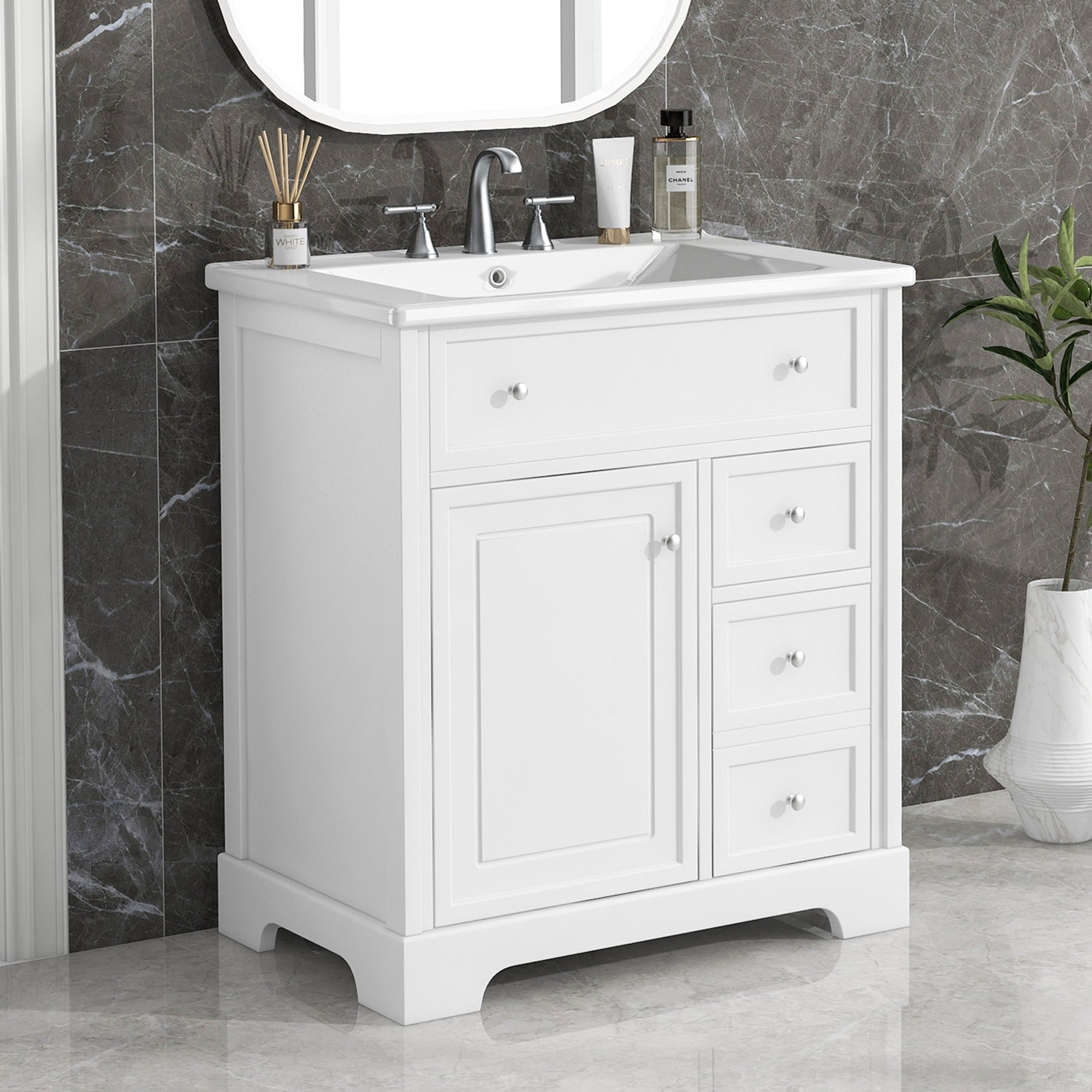 Dimakai 30 Inch White Bathroom Vanity with Ceramic Sink Cabinet and Two Drawers
