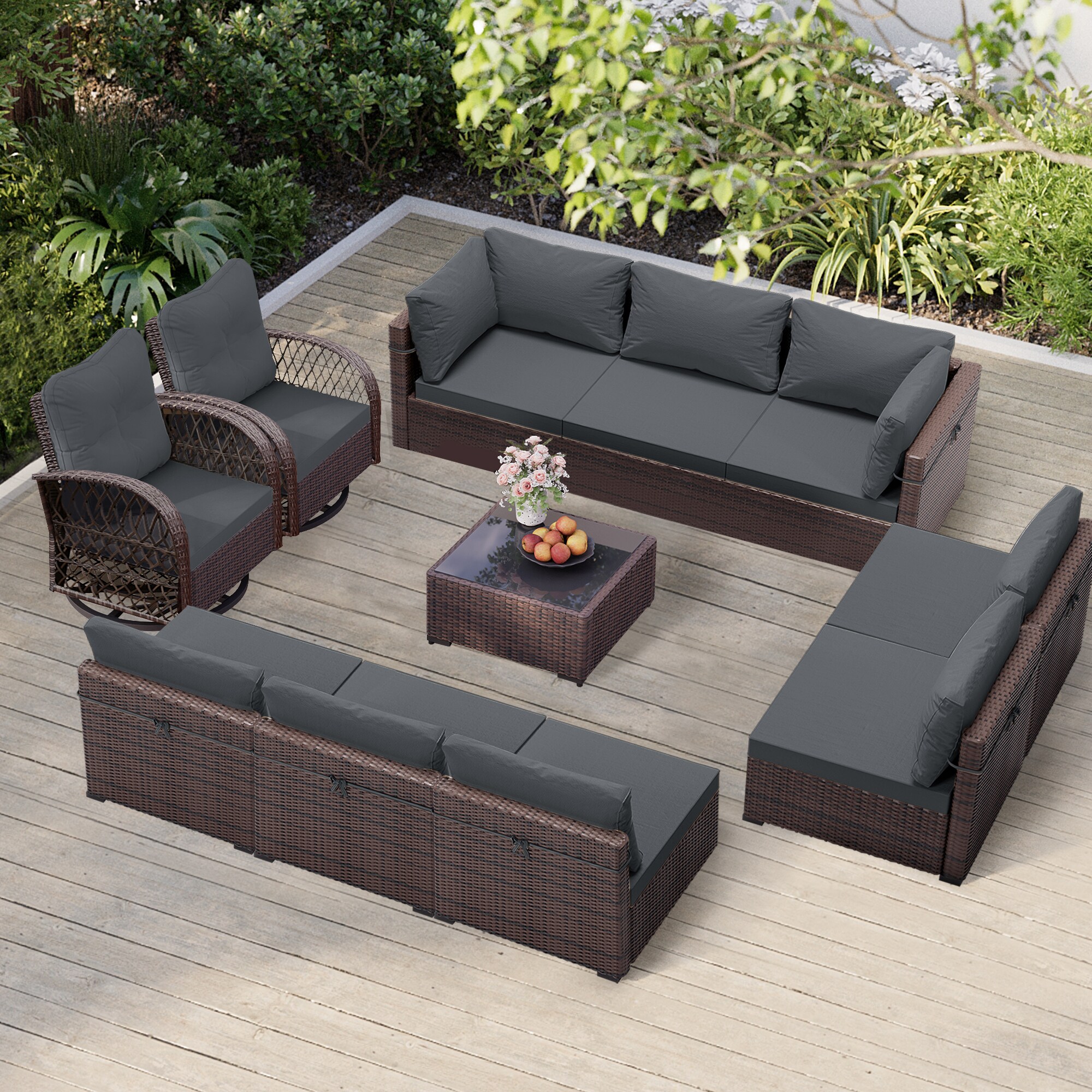 Patio Watcher TBBR-AB2CY9-DG 11-Piece Rattan Patio Conversation Set with Gray Cushions