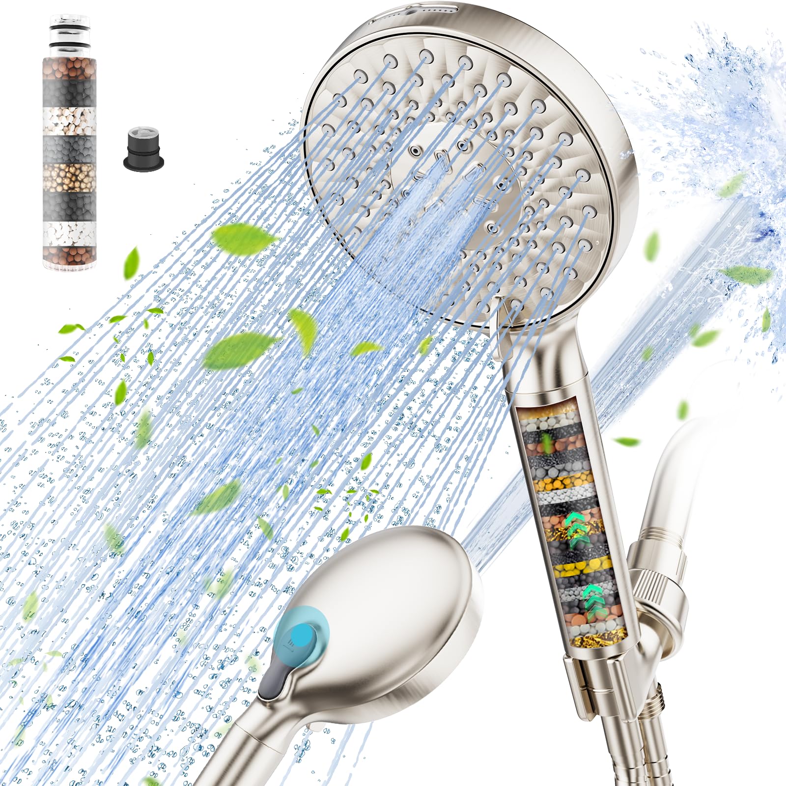 Lovav Brushed Nickel 1 Filter Handheld High Pressure Shower Head 9 Spray Modes Water Softener Filters Remove Chlorine Heavy Metals
