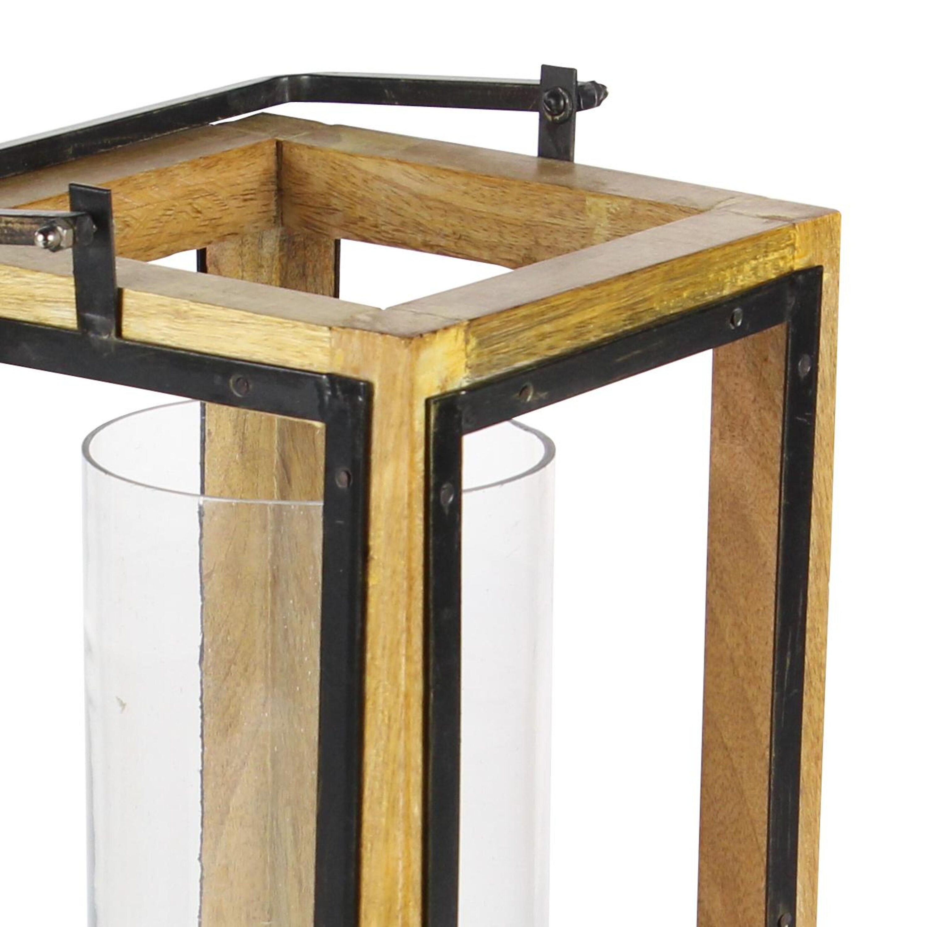 Elegant Wood and Glass Hurricane Candle Lantern, 26" Brown