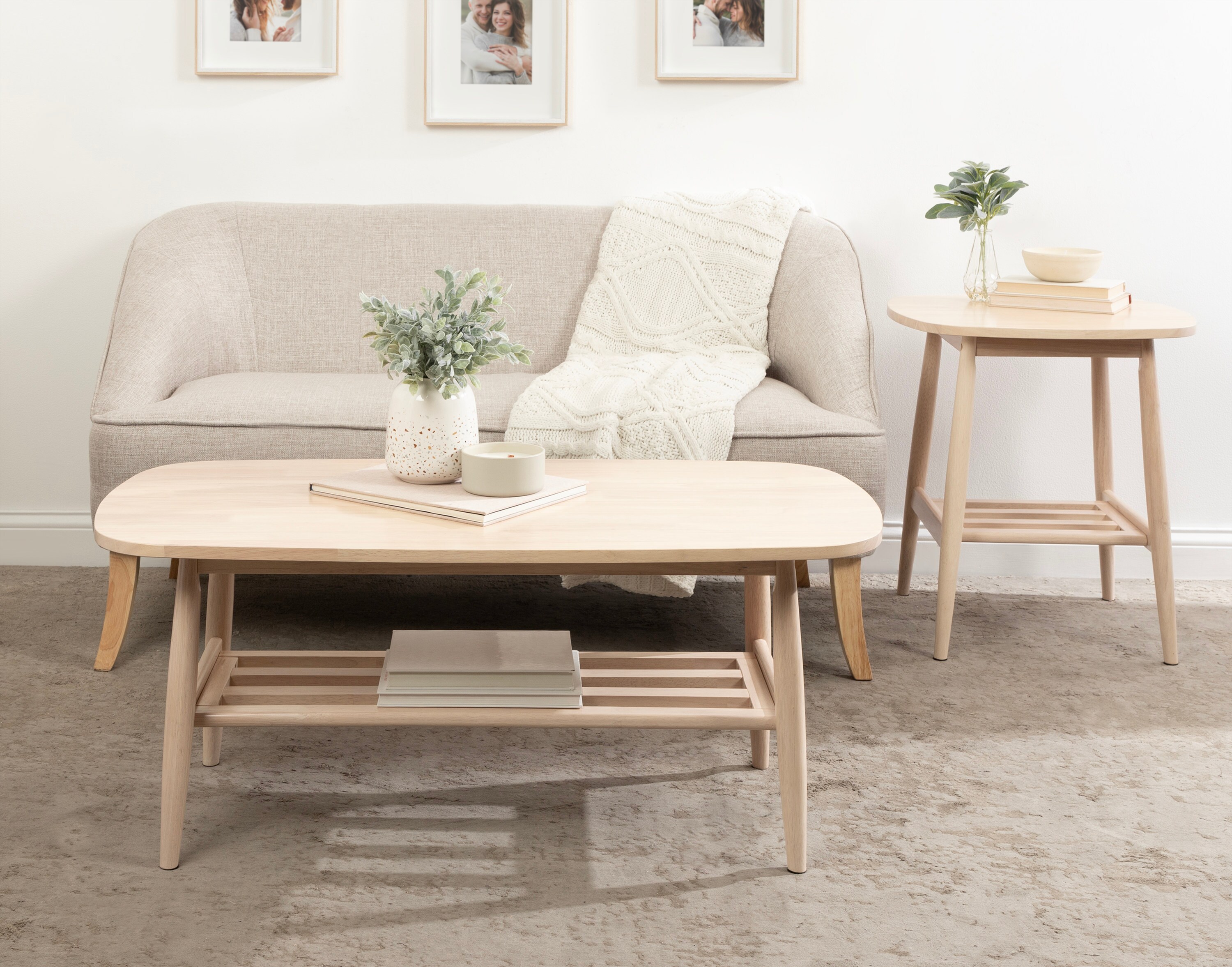 Natural Light Wood Rectangular Side Table with Storage Shelf