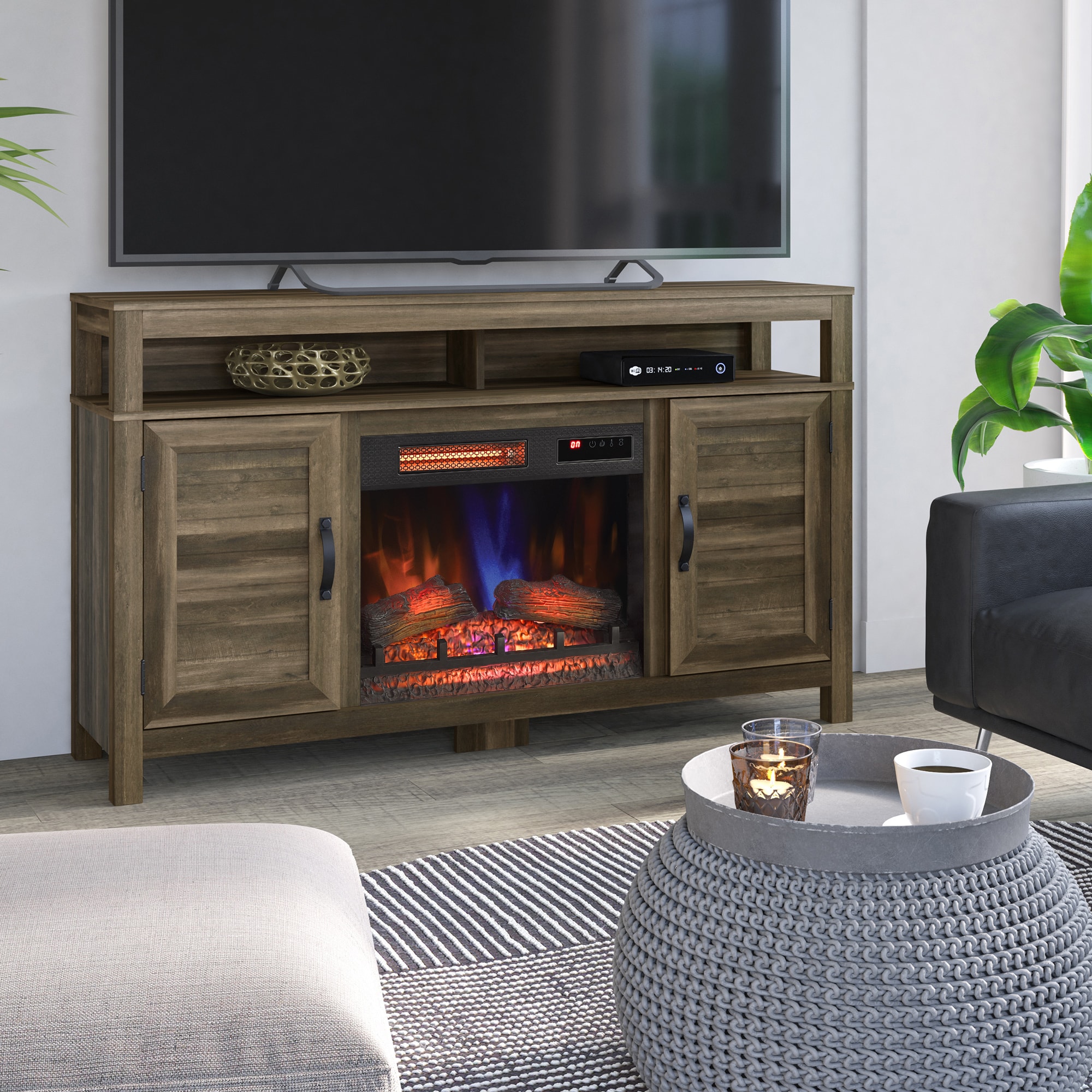 allen + roth 147328 59.5-Inches W Canyon lake pine TV Stand with Infrared quartz Corner or flat wall Electric Fireplace with Remote Control Included