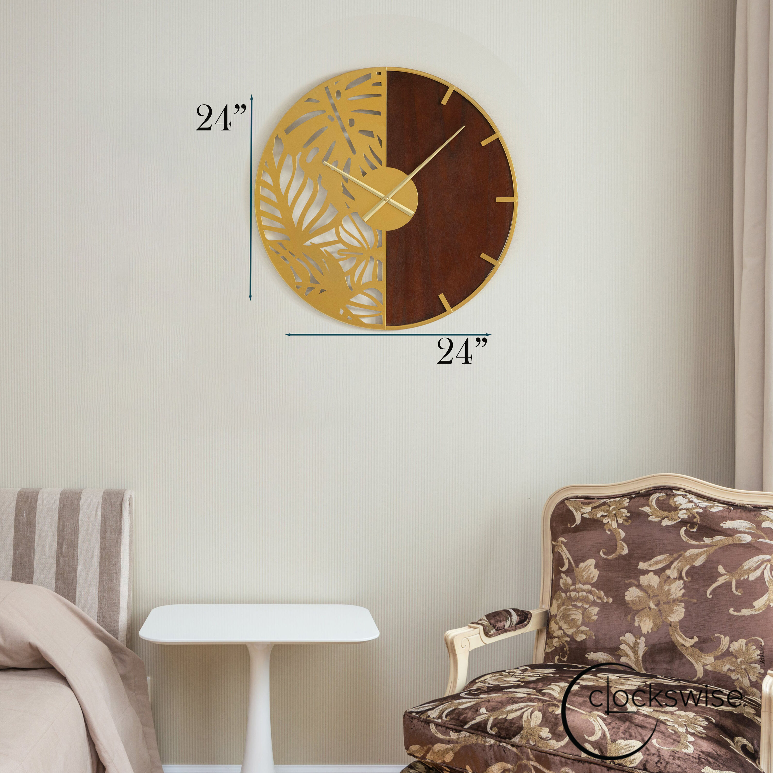 24" Brown Wood and Gold Metal Leaf Cutout Oversized Wall Clock