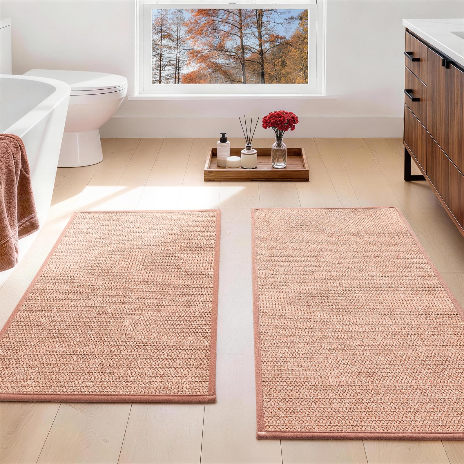 Pink 2 Piece Bathroom Rugs Sets Ultra Thin Quick Dry Non Slip Absorbent Machine Washable Geometric Design Bath Mat Runner for Home Decor