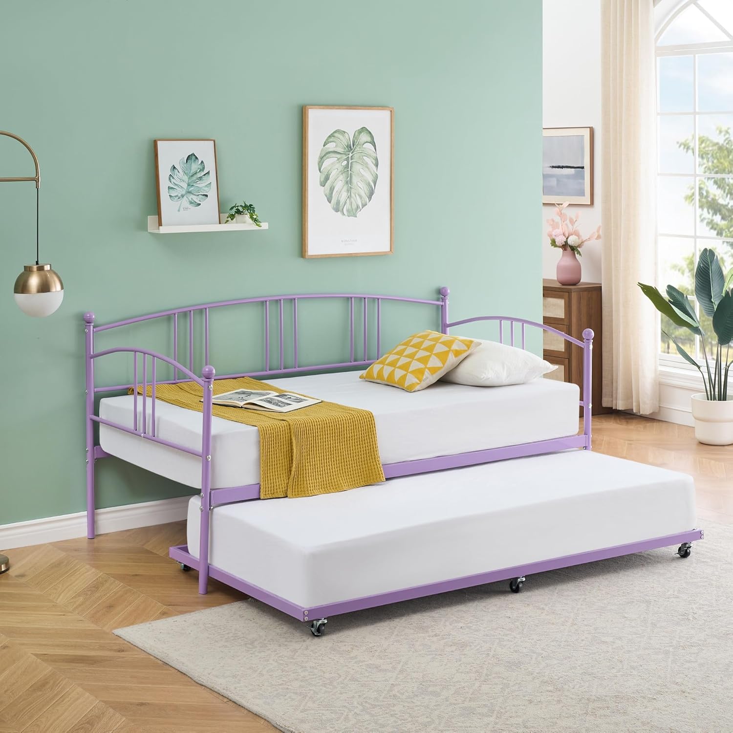 Garvee Twin Daybed with Trundle Metal Twin Size Pullout Trundle Steel Slat Support Sofa Bed Purple
