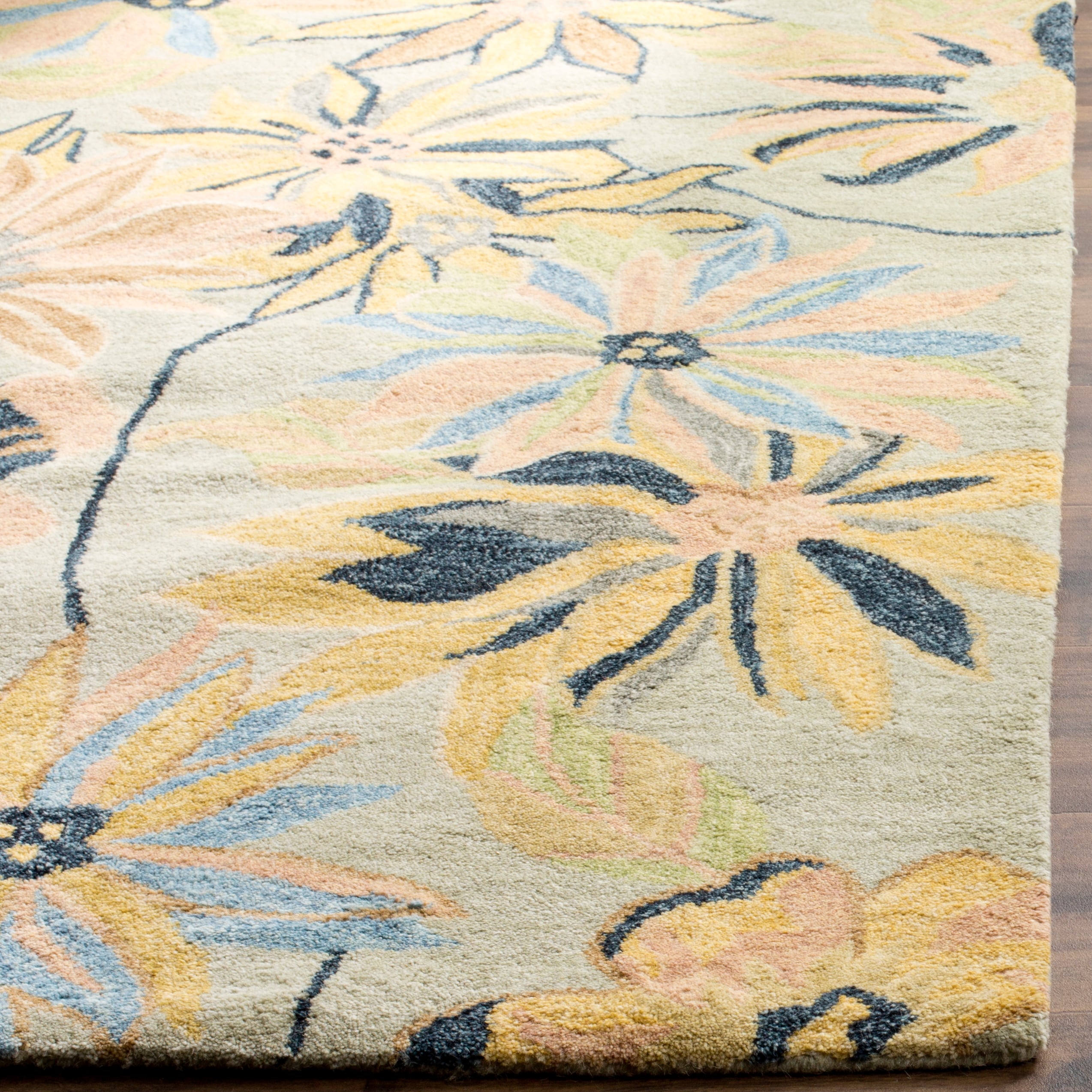 Handmade Light Blue Floral Wool Area Rug 8' x 10'
