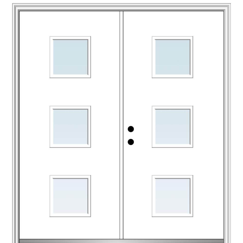 MMI DOOR ZZ346129R Spotlights 72-in x 80-in x 4-9/16-in Fiberglass Pulse lite Right-hand inswing Brilliant White Painted Prehung Double Front Door with Brickmould Insulating core