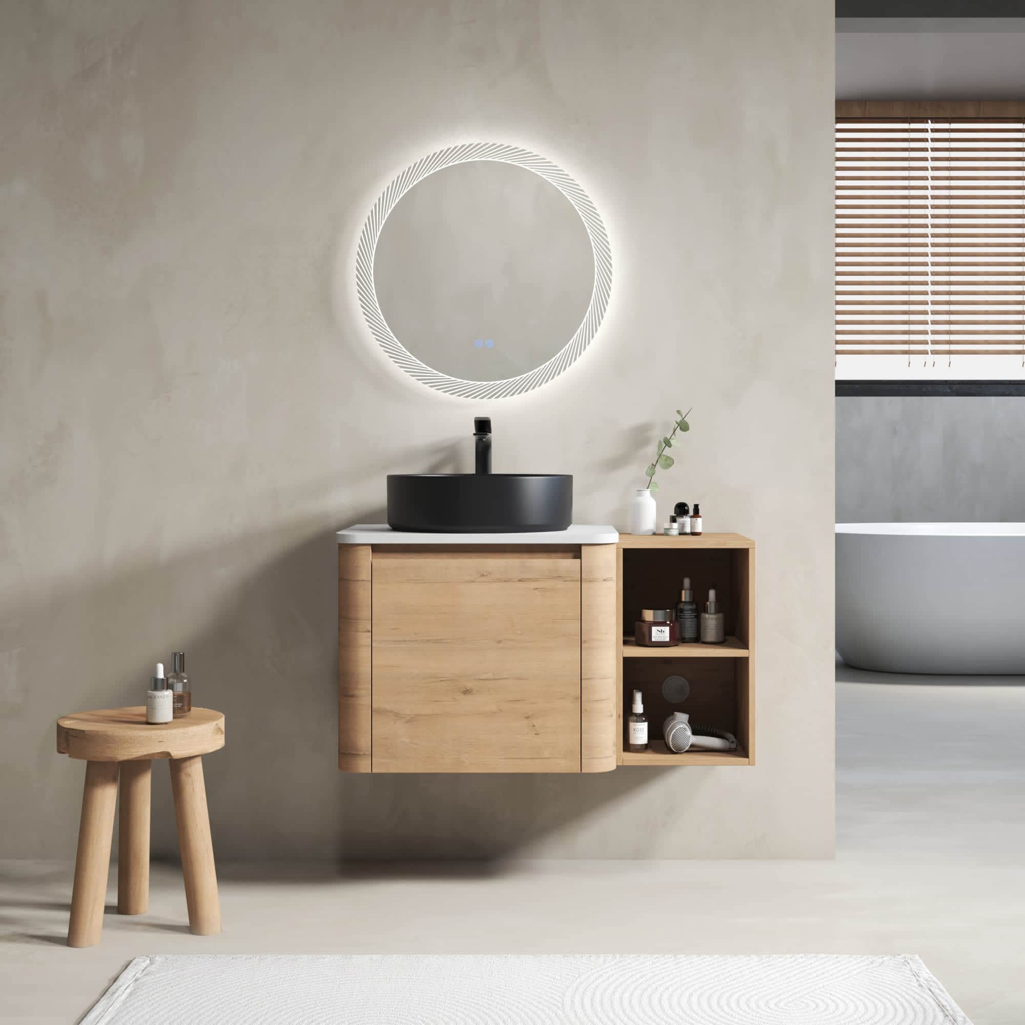 Roomfitters  36 Inch Modern Design Floating Imitative Oak Wall Mounted Bathroom Vanity Set Black Ceramic Art Sink Open Shelves