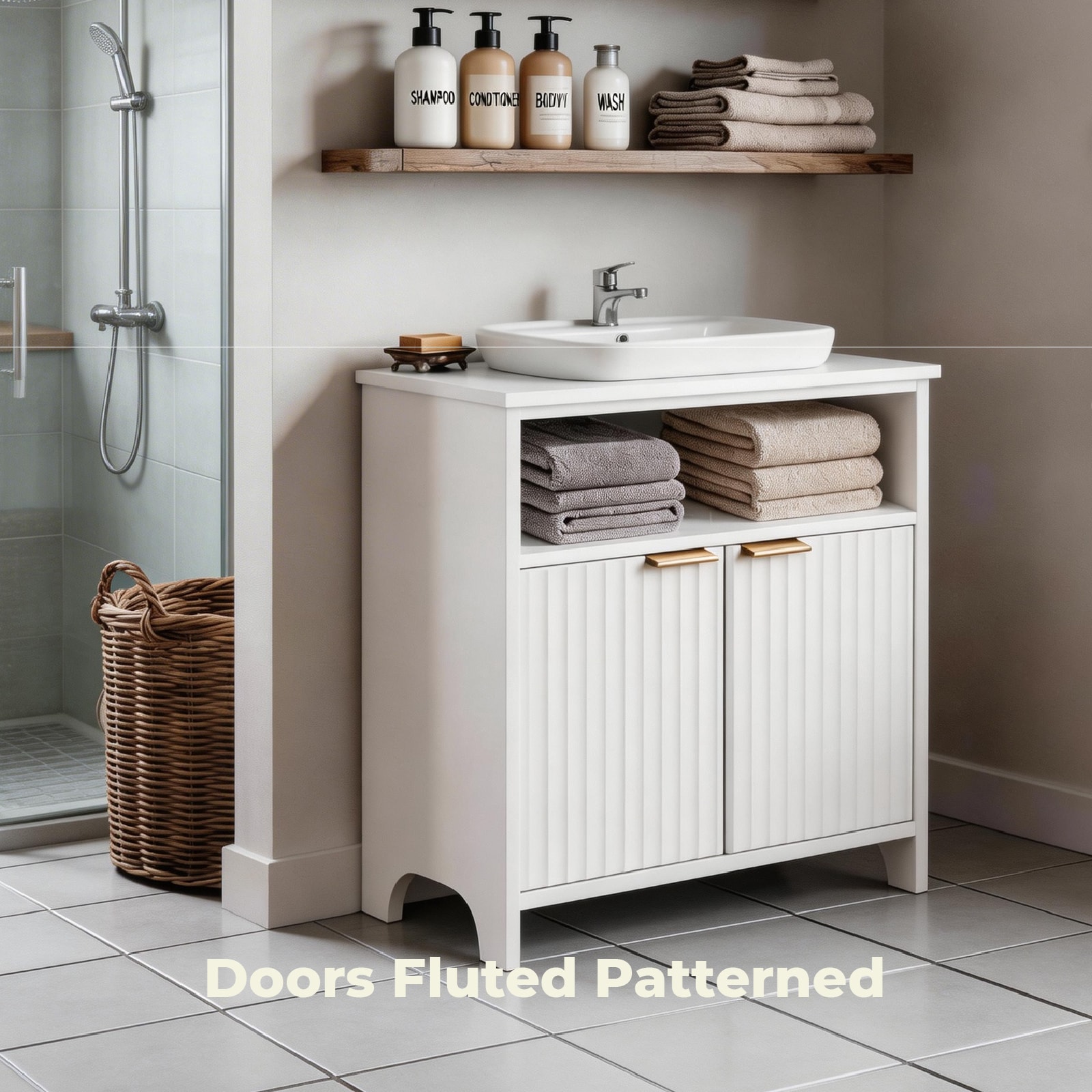Bestcore White Bathroom Vanity Cabinet 60-cm x 30-cm x 60-cm Two-Door One-Shelf Bathroom Storage Unit with Melamine Faced Particleboard and Grille Doors