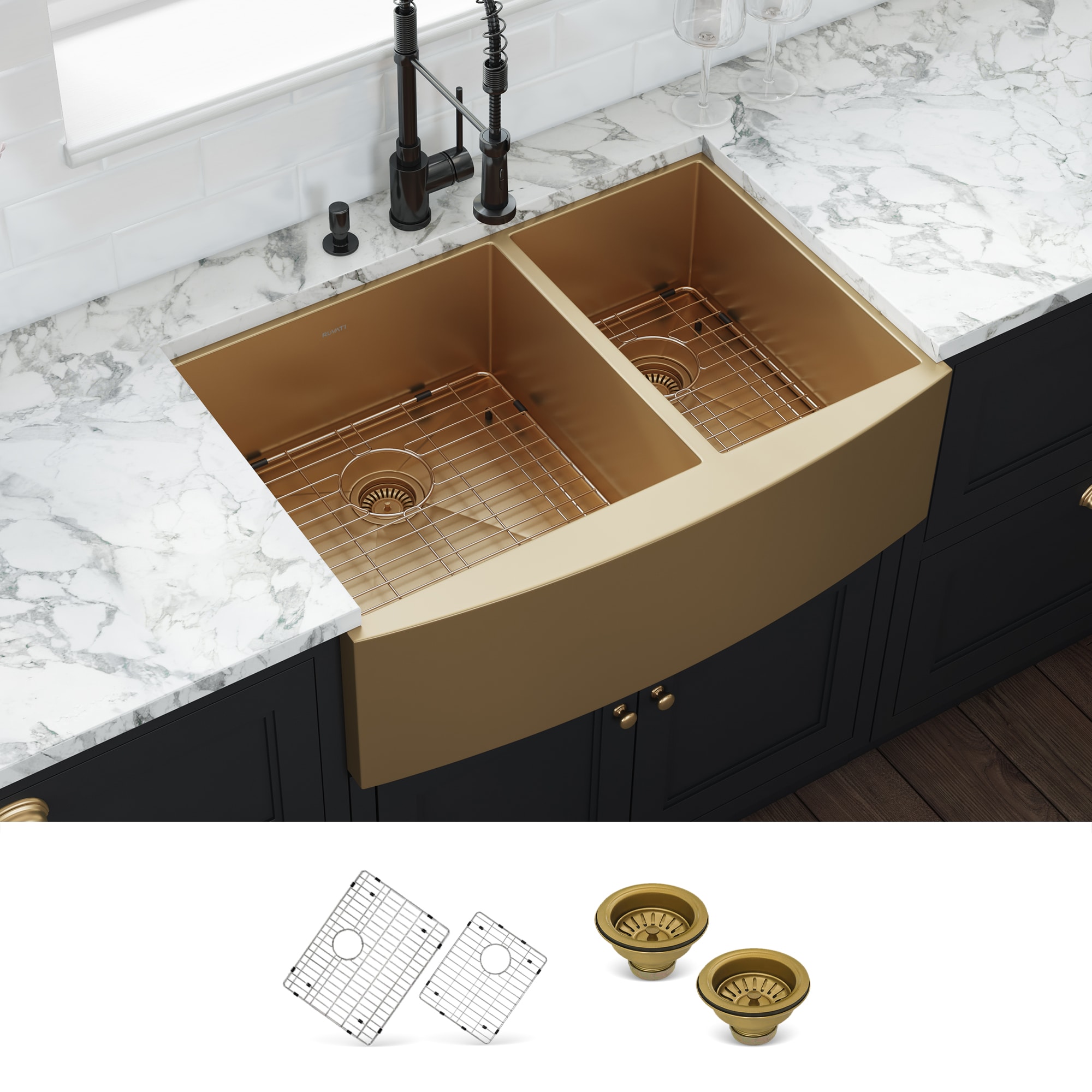 Ruvati RVH9742GG Terraza Undermount 33-in x 22-in Stainless steel Double offset bowl 16 -Gauge Kitchen Sink