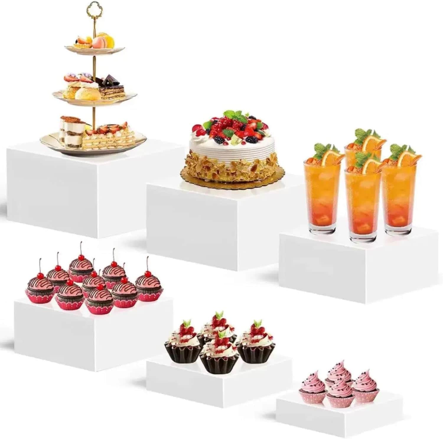 GAOMON 6 Pack Acrylic Buffet Risers Set - White Dessert Table Display Stands with Hollow Bottom Design - 6-11 Inch Food Display Shelf for Party - Wedding - Catering and Events