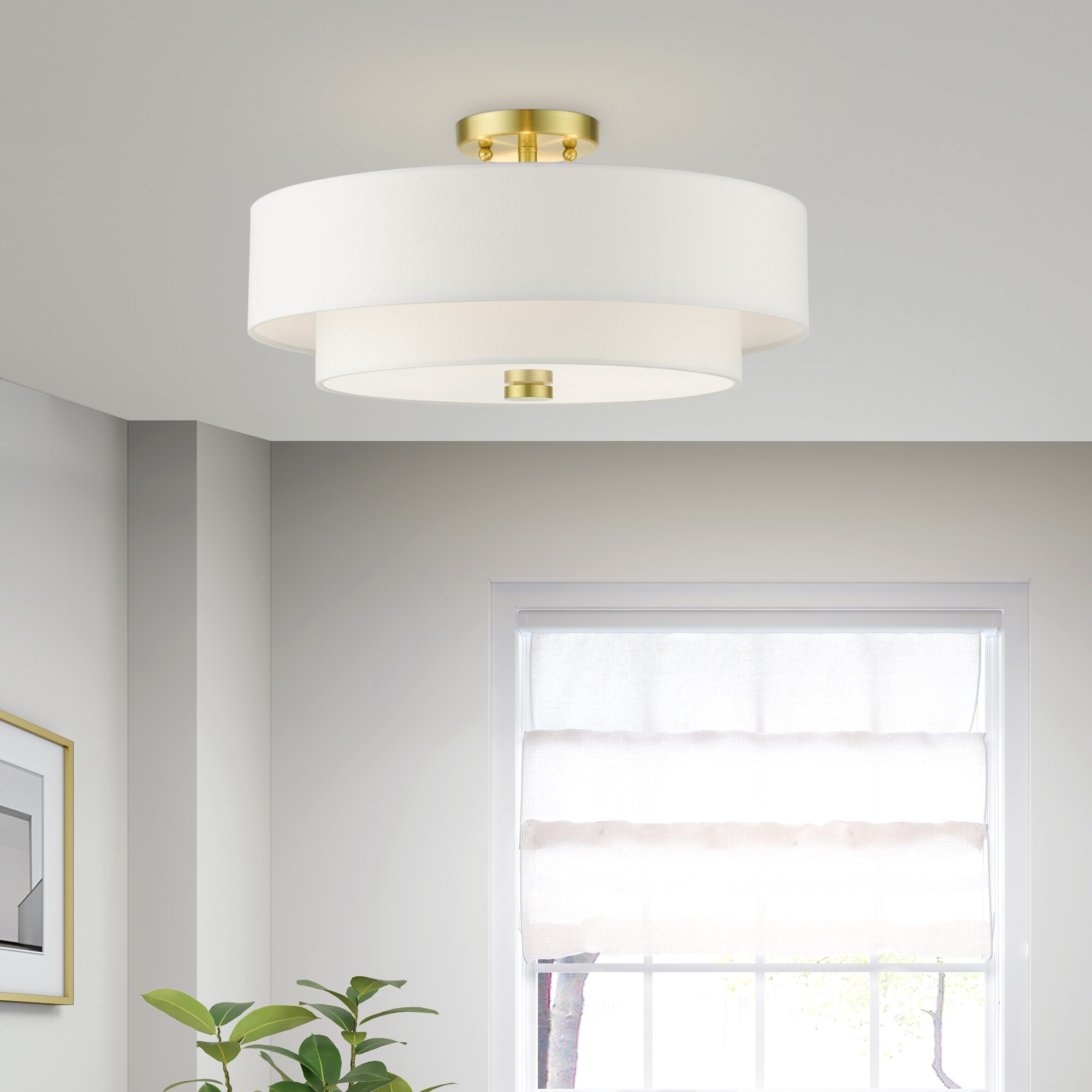 Satin Brass 4-Light Indoor/Outdoor Semi-Flush Drum Mount with Off-White Shade