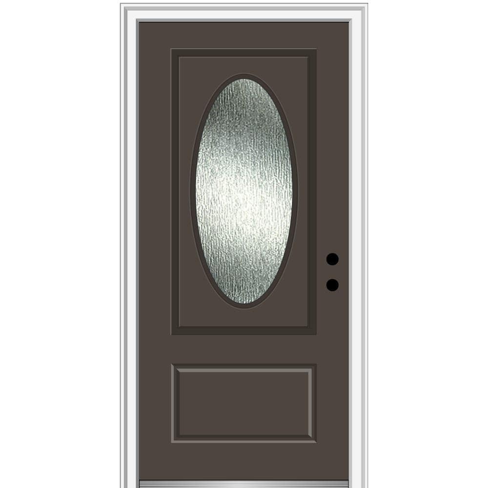 MMI DOOR ZZ367903L Rainglass 36-in x 80-in Fiberglass Oval Lite Left-Hand Inswing Brown Painted Prehung Front Door with Brickmould Solid Core