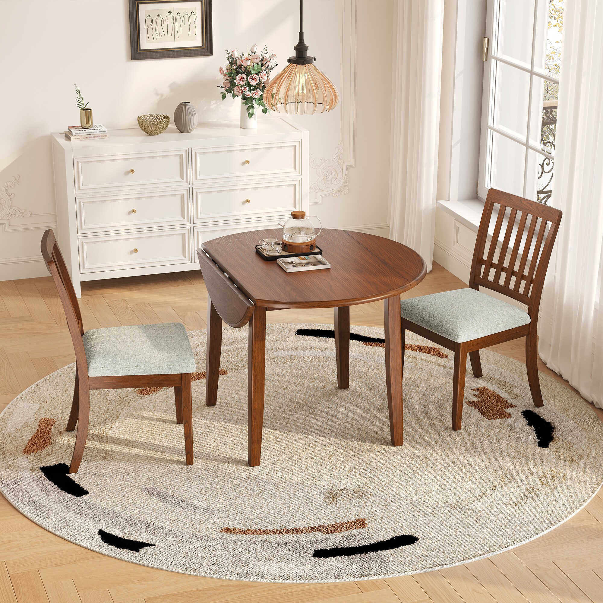 GDFStudio Farmhosue 3-Piece Dining Set - 42.36 in Round Extendable Dining Table with 2 Upholstered Seat Chairs with Wooden Slat Backrests for Small Apartments and Dining Areas - Brown and Gray