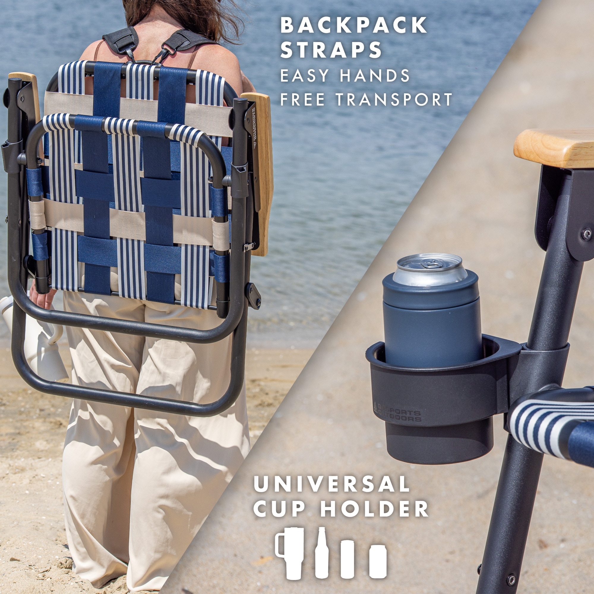 Lido Blue and White Woven Folding Beach Camping Chair with Hardwood Arms