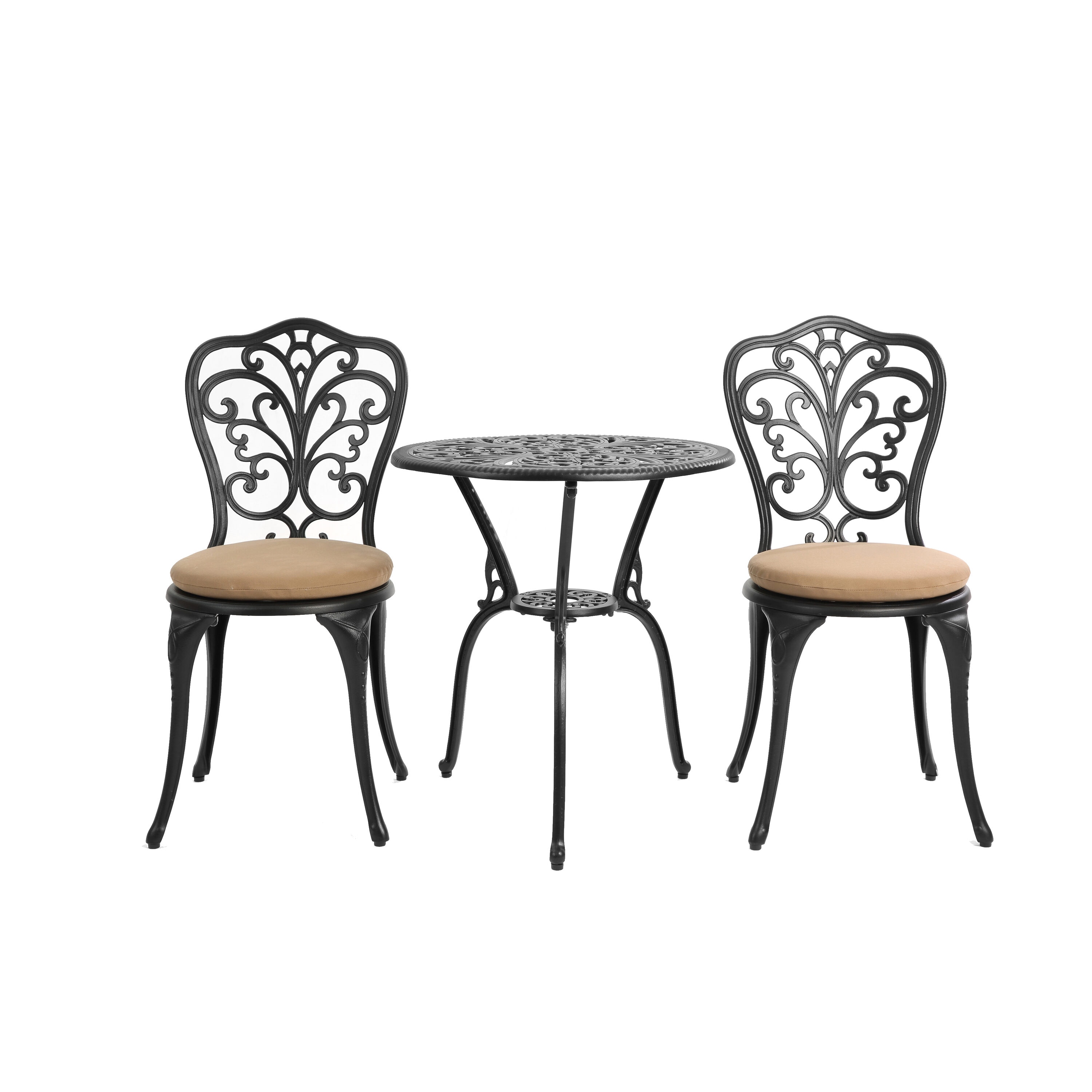 AHIOU HOME ZAAHG-1059523P Berkeley 3 -Piece Black Bistro Patio Dining Set Aluminum Round Table with 2 Brown Cushions Stationary Chairs