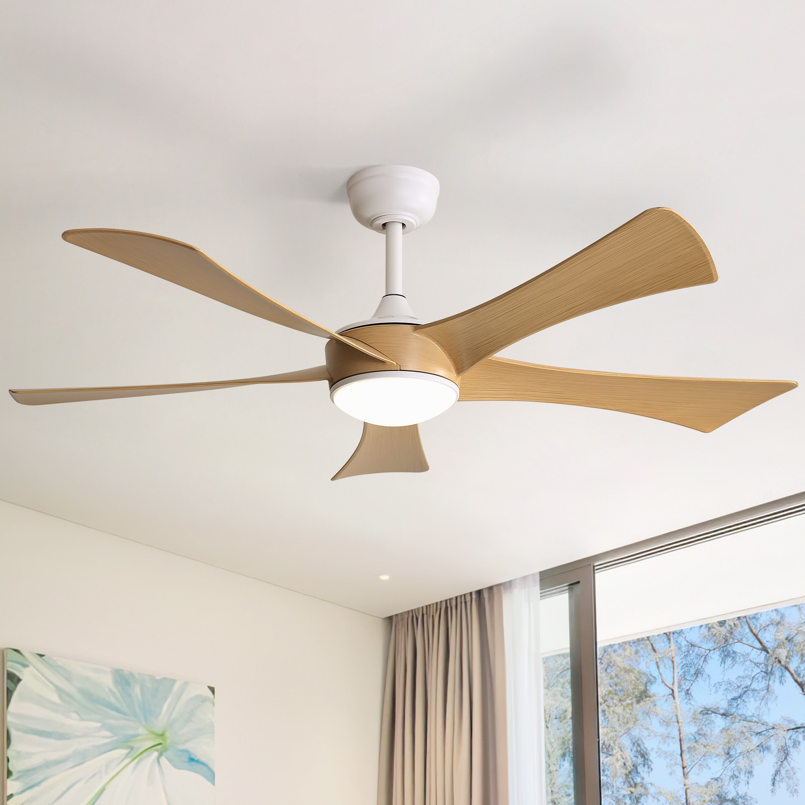 52'' White and Light Brown Low Profile Ceiling Fan with Remote