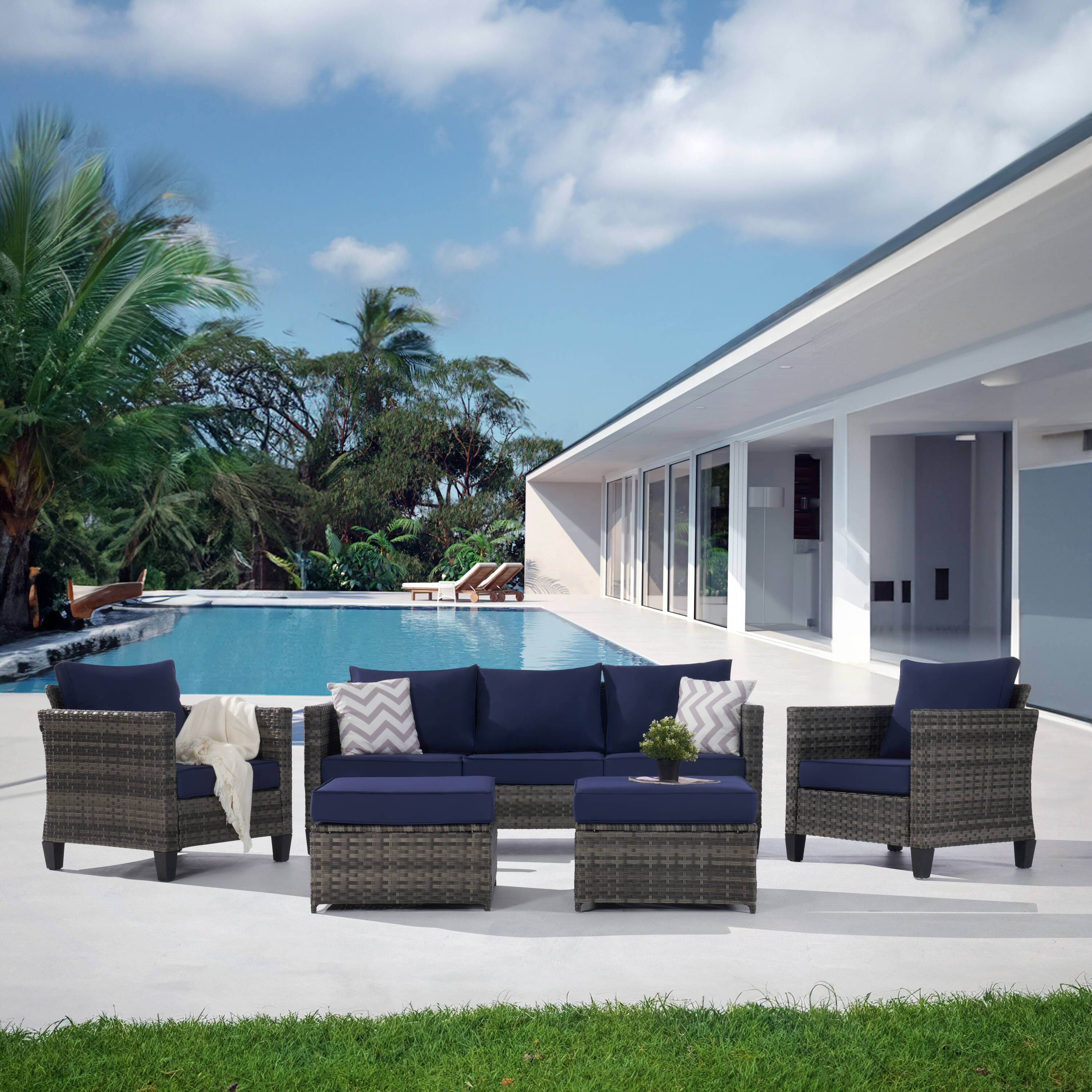 SANSTAR L-WS81BU-V2 Patio Conversation Set 5 -Piece Wicker 2 Patio Sofa Conversation Set with Blue Cushions