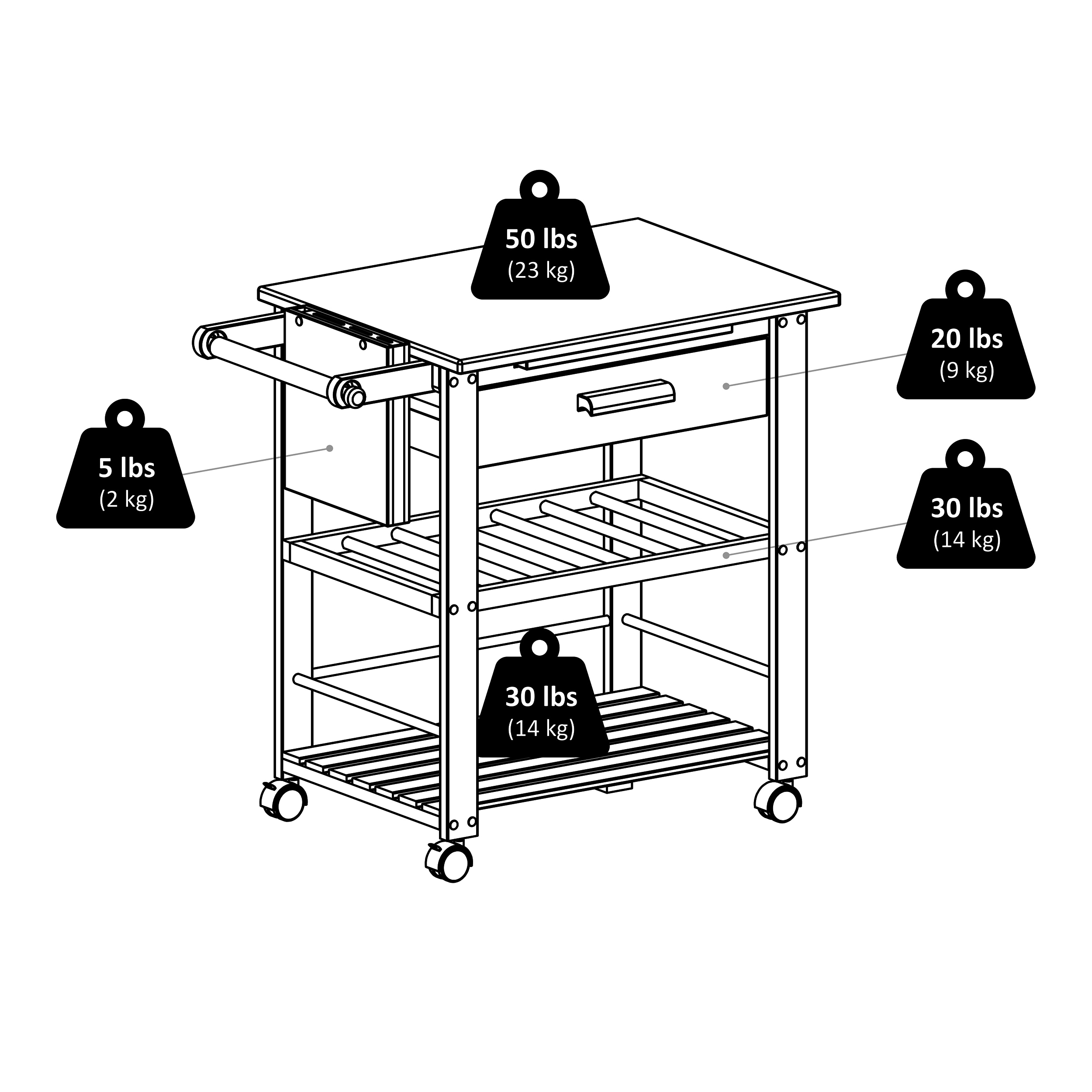Transitional Brown Wood Kitchen Cart with Wine Storage and Knife Block