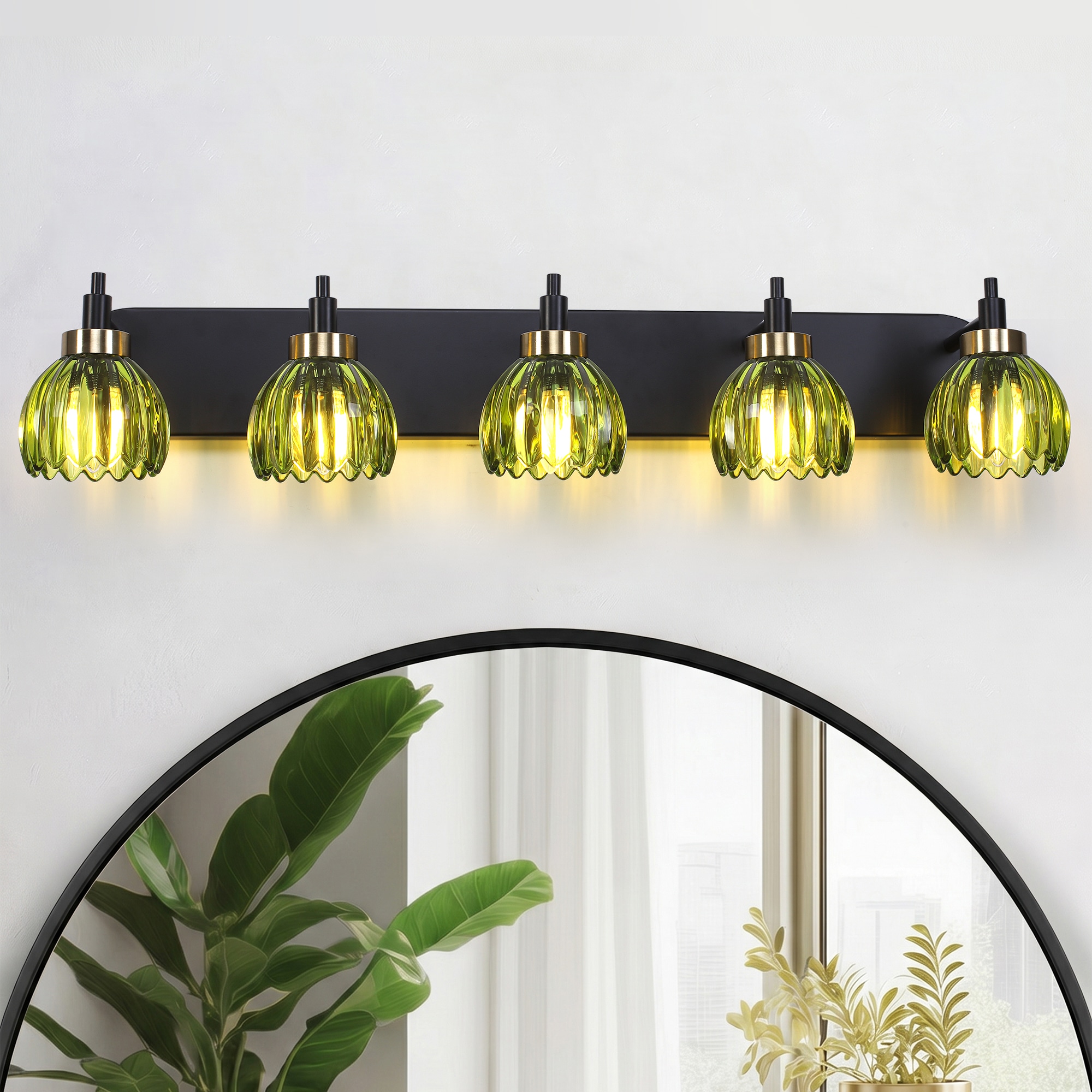 HLJYNJM - 5-Light Vintage Armed Bathroom Vanity Light Tulip Green Glass Shade Wall Sconce