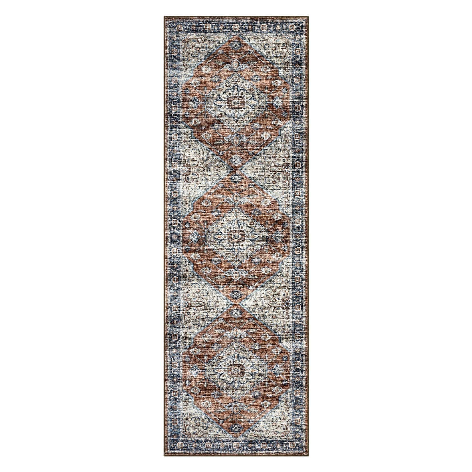Qeetex LSN-PHK-33EUPQF4 2 x 6 ft Polyester Cashmere Imitation Red Rectangular Hallway Bathroom Entryway Kitchen Office Foldable Geometric Persian Washable Area Rug