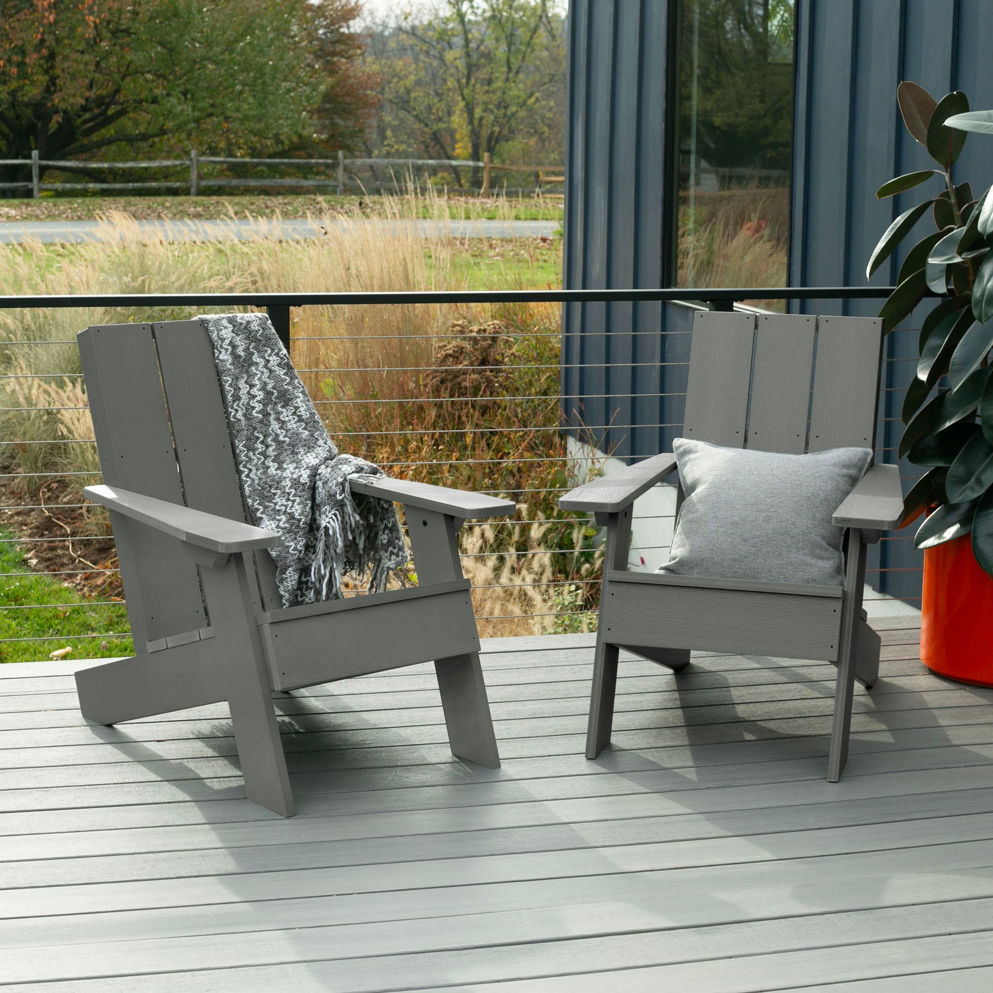 highwood AD-KITCHRAD04-CGE Italica Modern Set of 2 Coastal Teak Poly-lumber Frame Stationary Adirondack Chair with Slat Seat