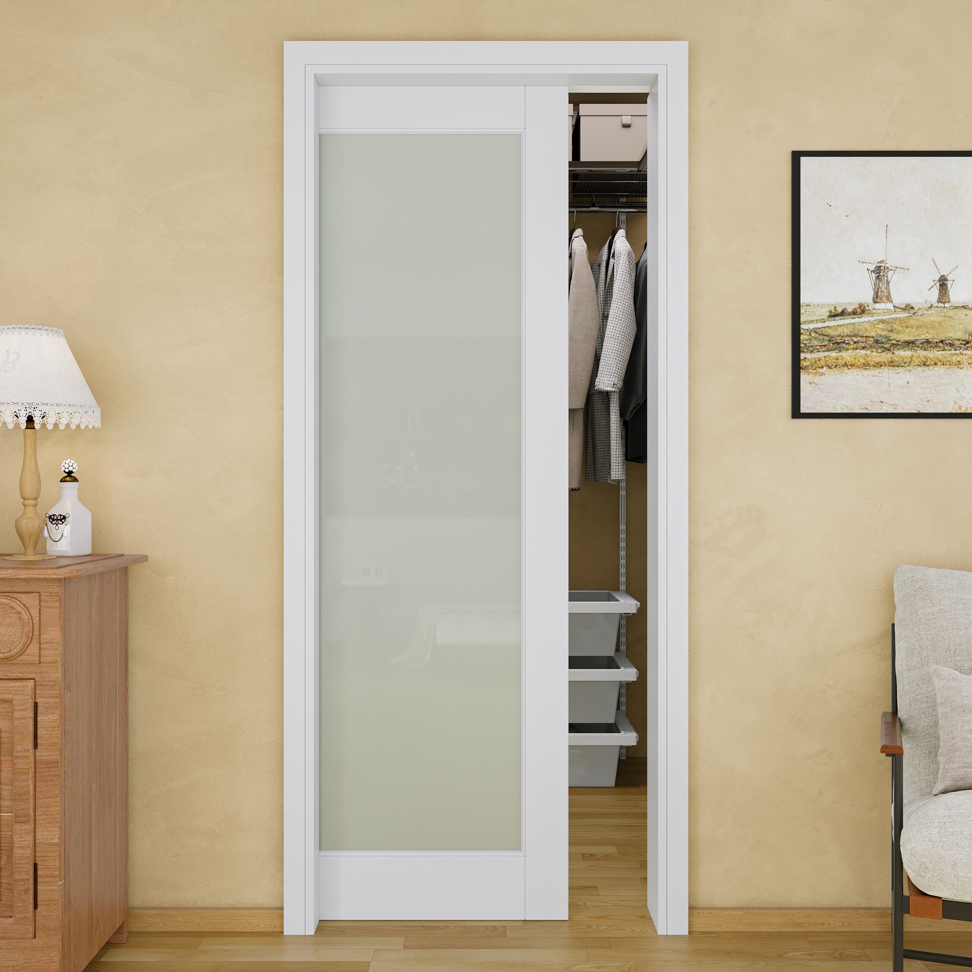 JUJUBON 32-in x 80-in MDF Pocket Door Frame with Pocket Door,Pocket Door Frame and Hardware Soft Close Included #IN-PDPKSC-G-1L-32R