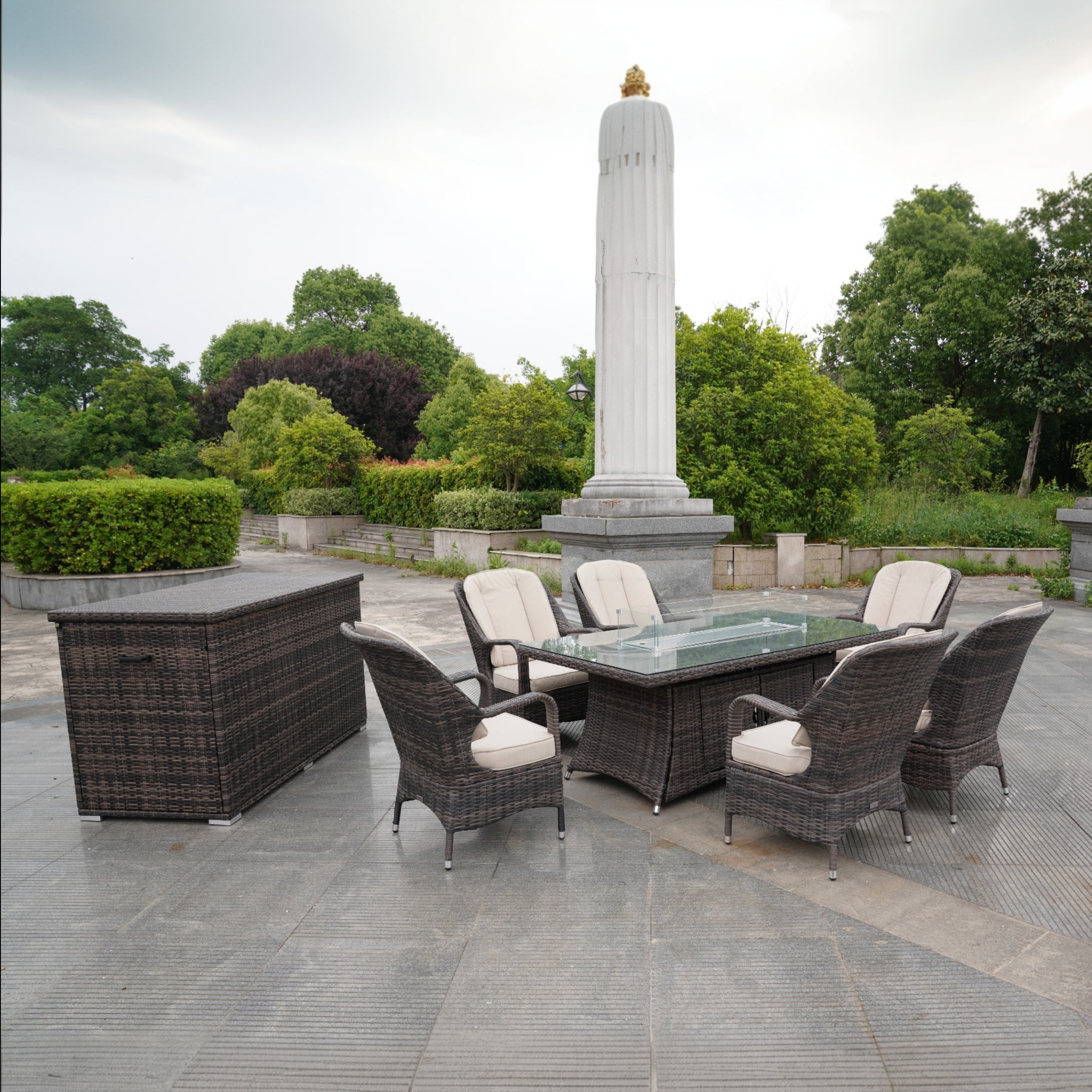 Direct Wicker DWG-06R009&3256B-BR 8 -Piece Brown Wicker Patio Dining Set Aluminum Rectangle Table with 6 Beige Cushions Stationary Chairs Fire Pit Included