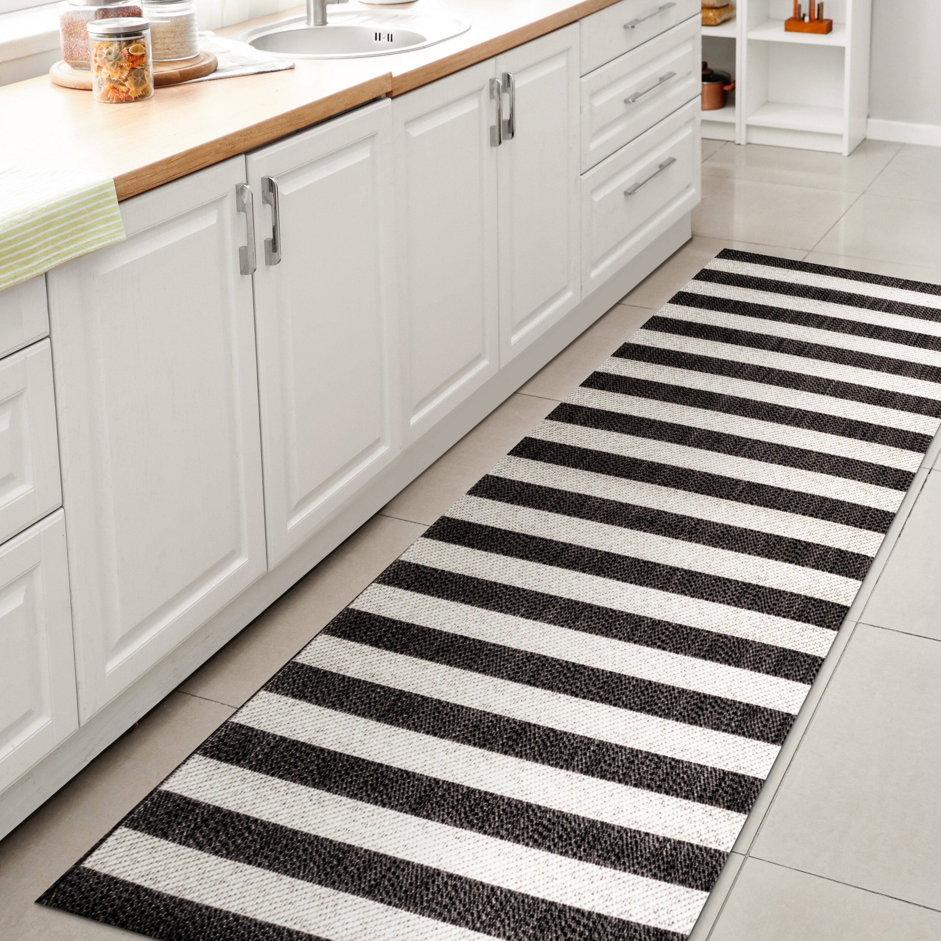 Modern Cottage Wide Stripe Black/Cream Indoor/Outdoor Rug - 2x8