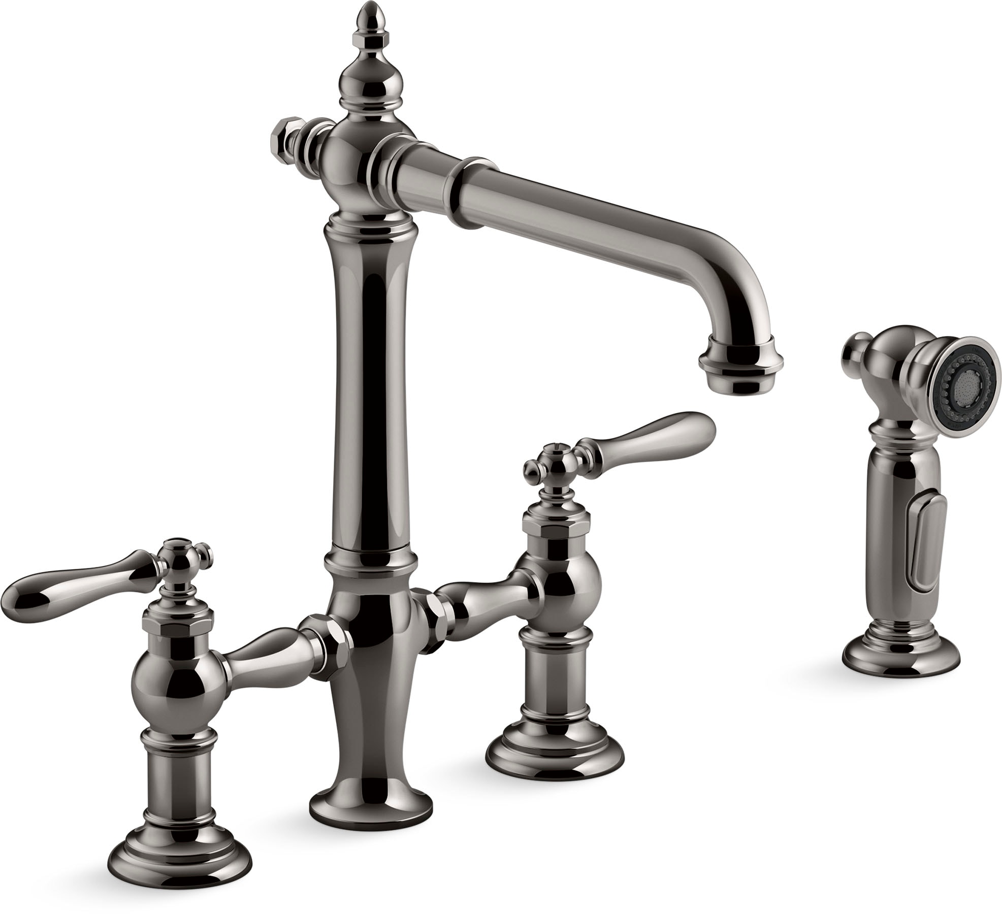 KOHLER 76519-4-TT Artifacts Vibrant Titanium Double Handle Deck-mount Bridge Kitchen Faucet with Sprayer ( Side Sprayer Included )