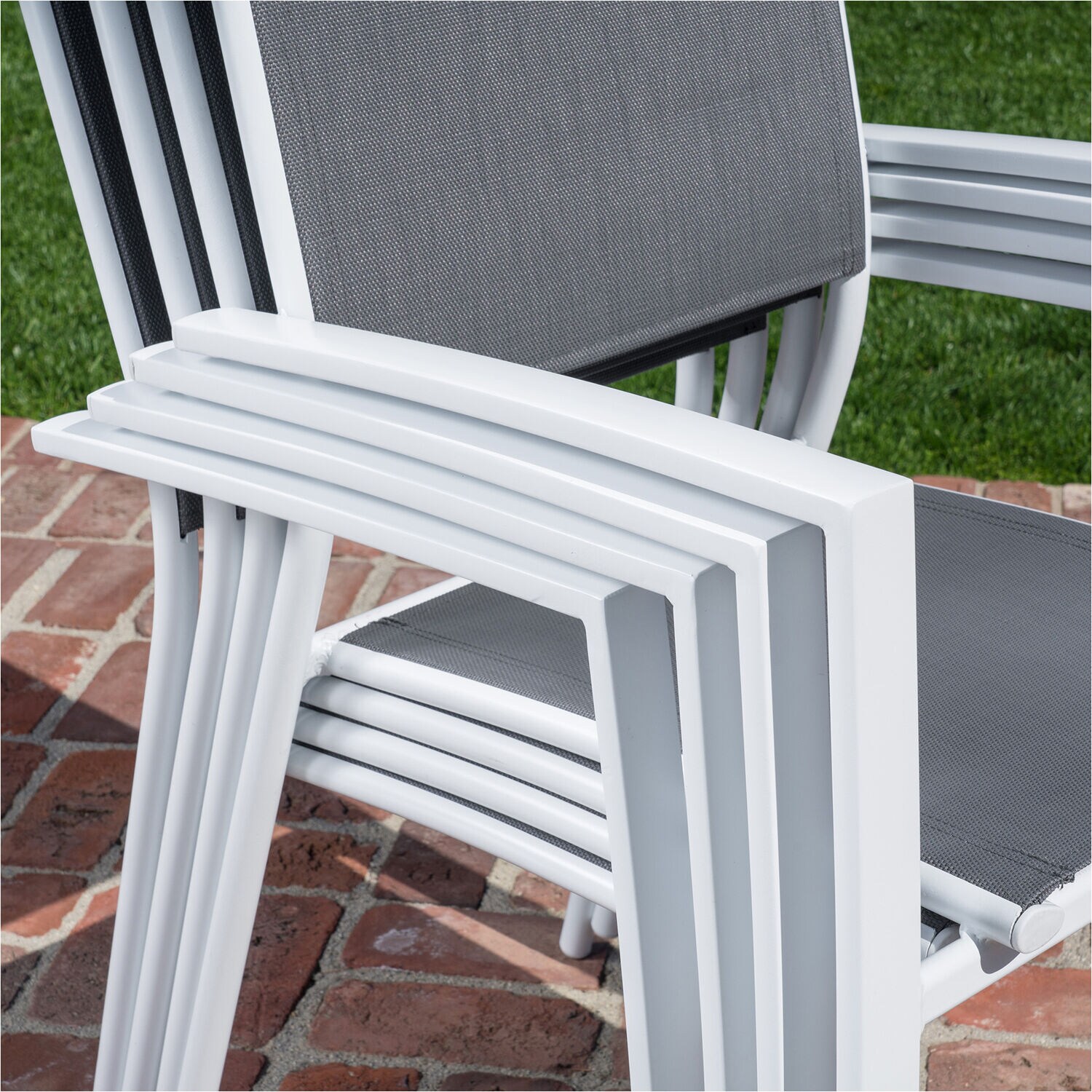 Compact 5-Piece Outdoor Dining Set with Foldable Slat-Top Table and Stackable Chairs in White/Gray
