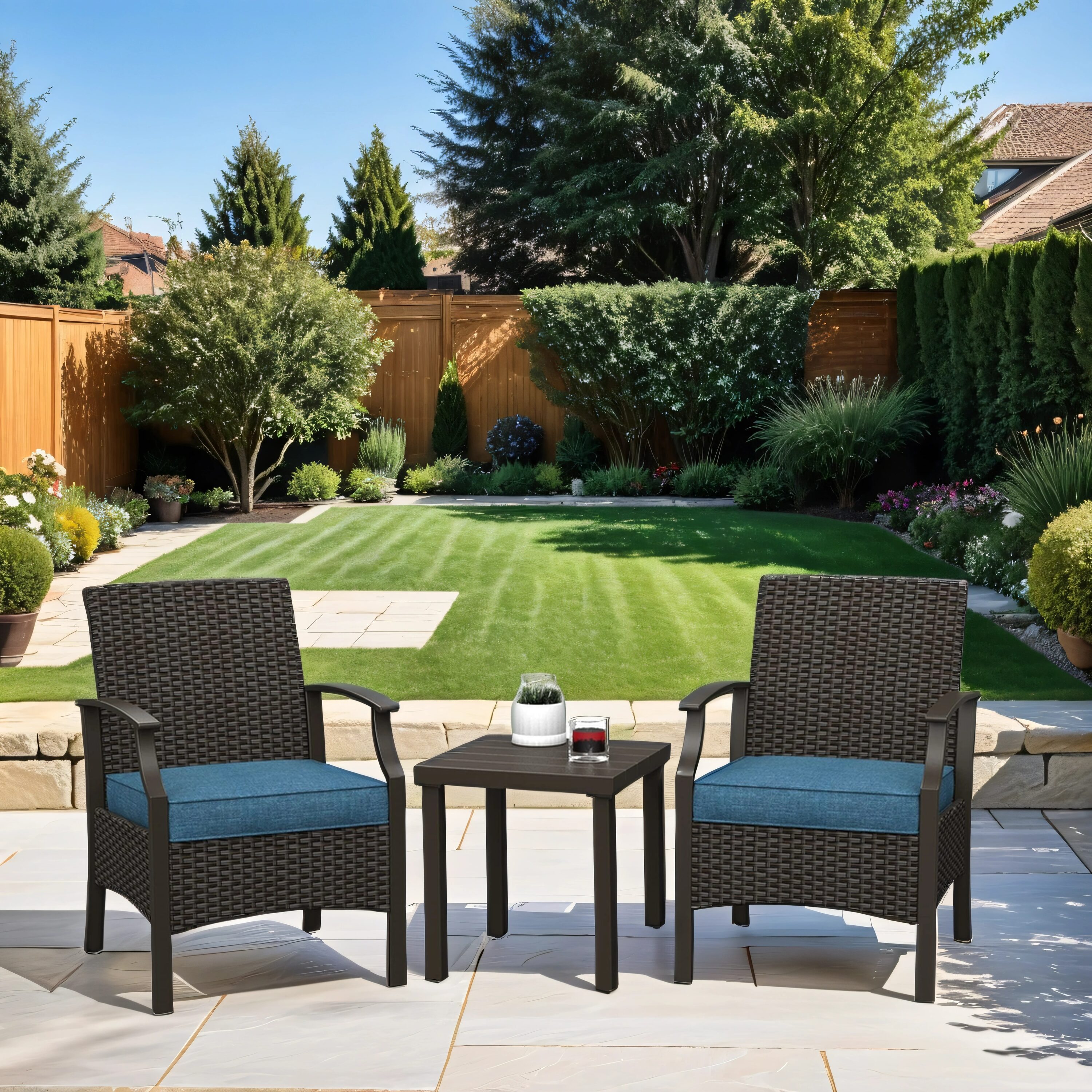 Mondawe MA-GCS038NY 3 -Piece Wicker Patio Conversation Set with Blue Cushions