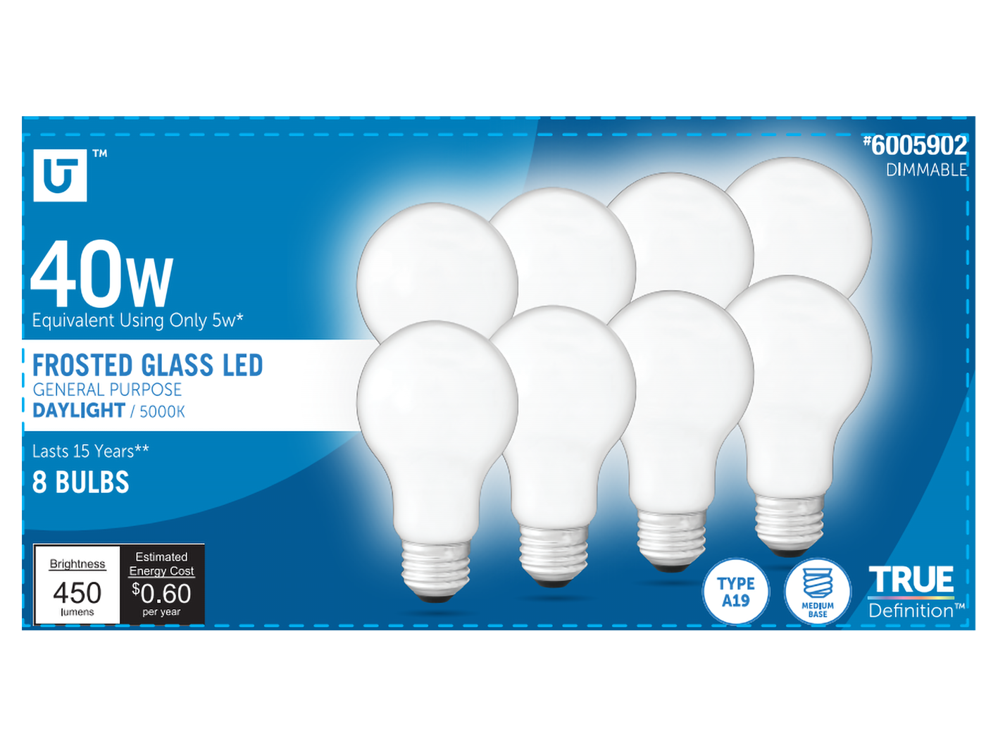 Utilitech 3A19DG5WOP50K8P 40 -Watt EQ A19 Daylight E26 Dimmable LED General purpose Light Bulb 8 -Pack