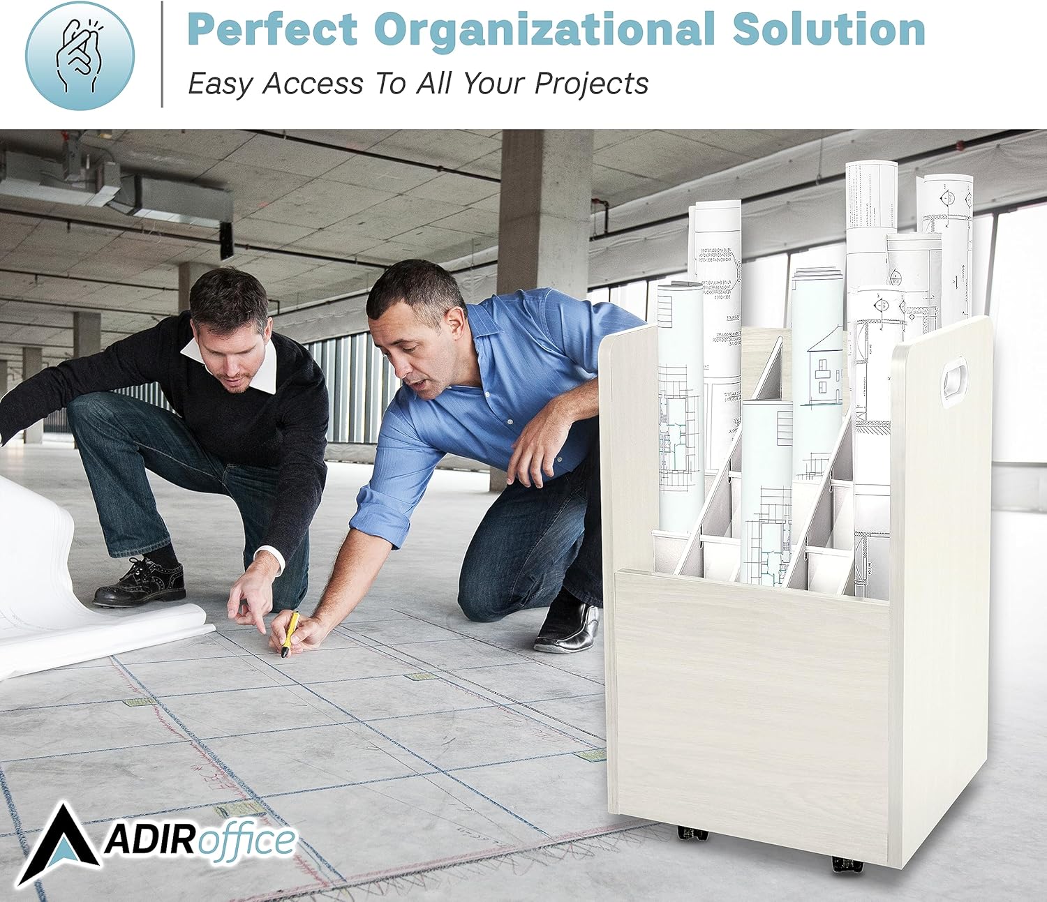White Mobile Rolling Wood Blueprint Organizer with 20 Compartments
