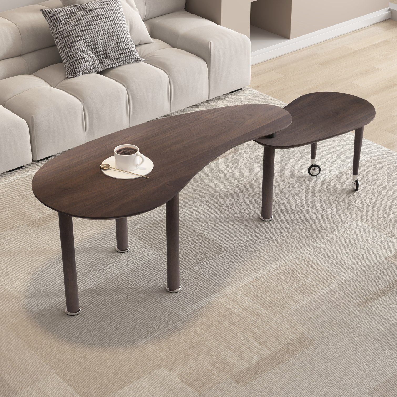 chillscreamni Walnut Oak Veneer Rotating Nesting Coffee Table with ...