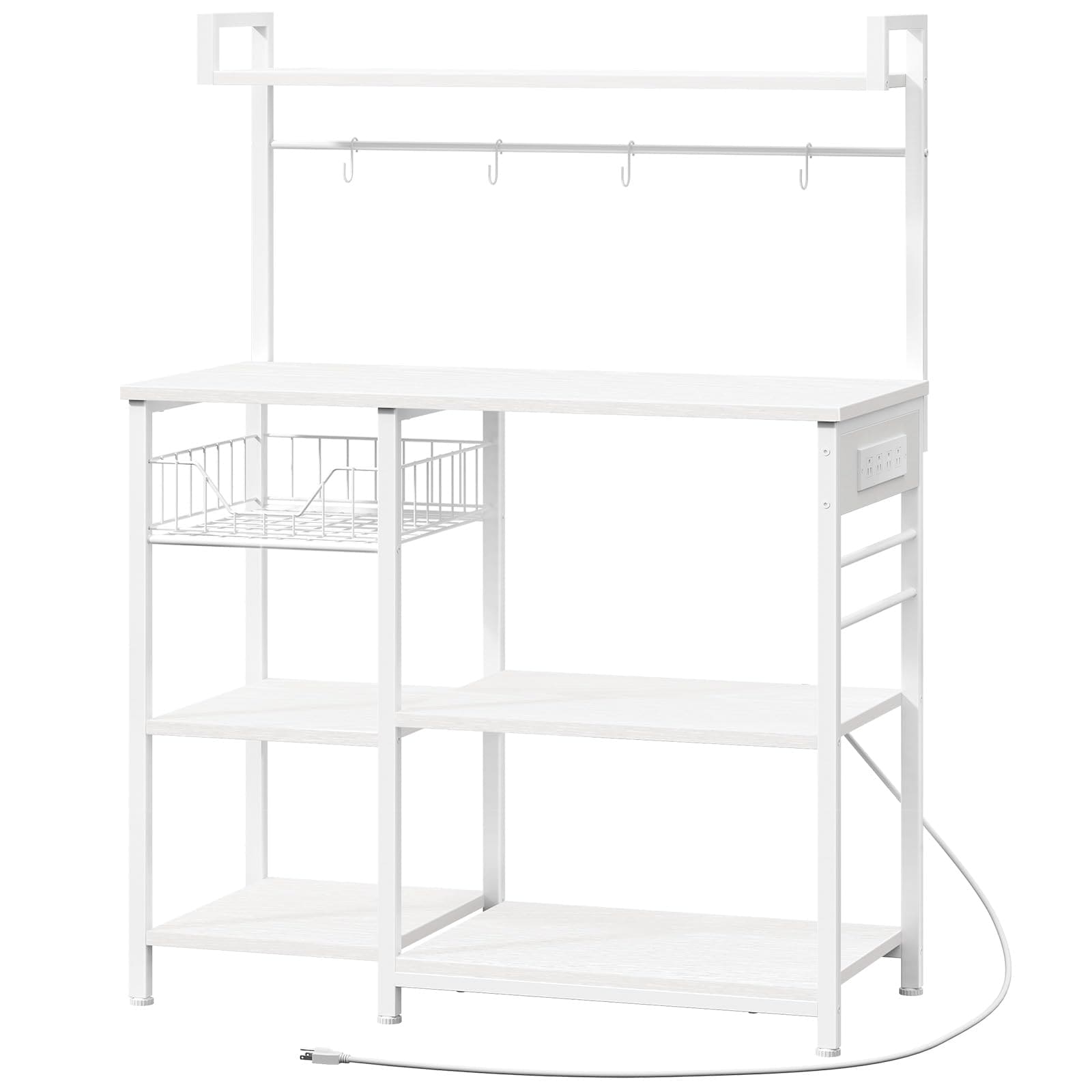 Aoibox  Bakers Rack with Power Outlet 35 4 Inches Coffee Bar with Mesh Basket Microwave Stand with 4 S Shaped Hooks