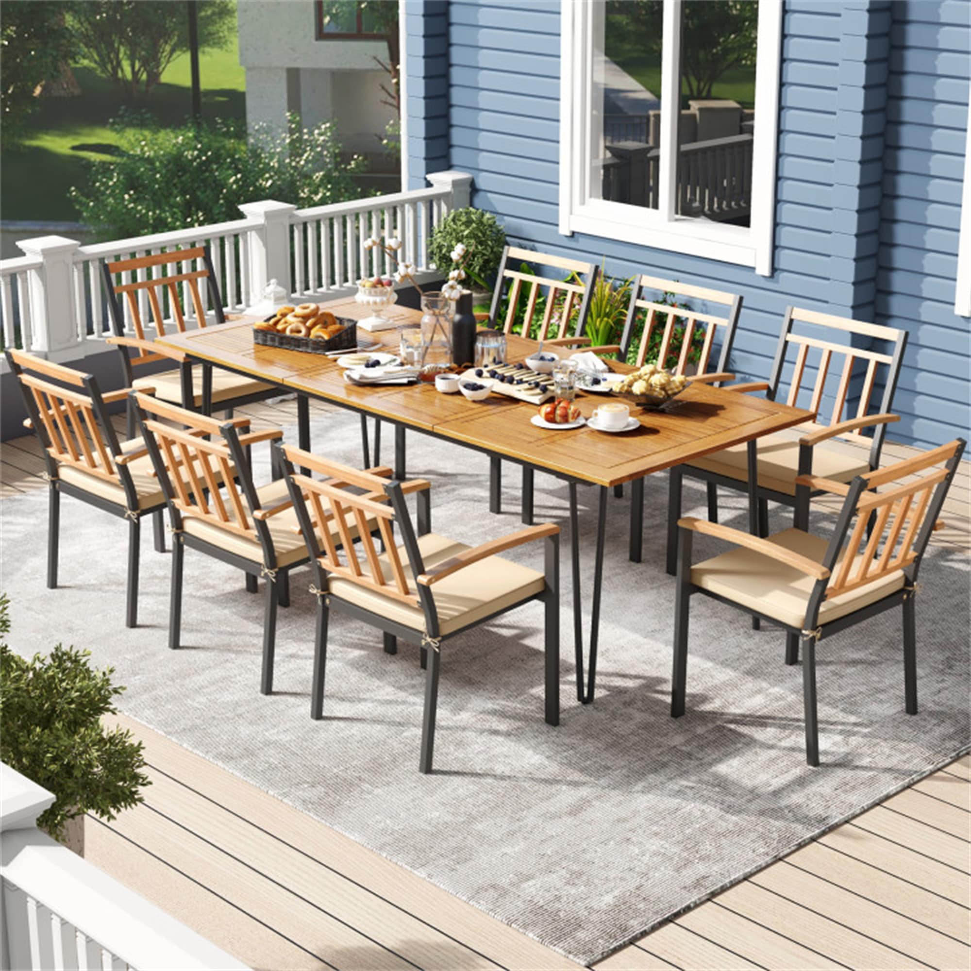 BABOOM BOM-177+-CO Patio Furniture Sets 9 -Piece Black Patio Dining Set Wood Rectangle Table with 8 Off-white Cushions Stationary Chairs