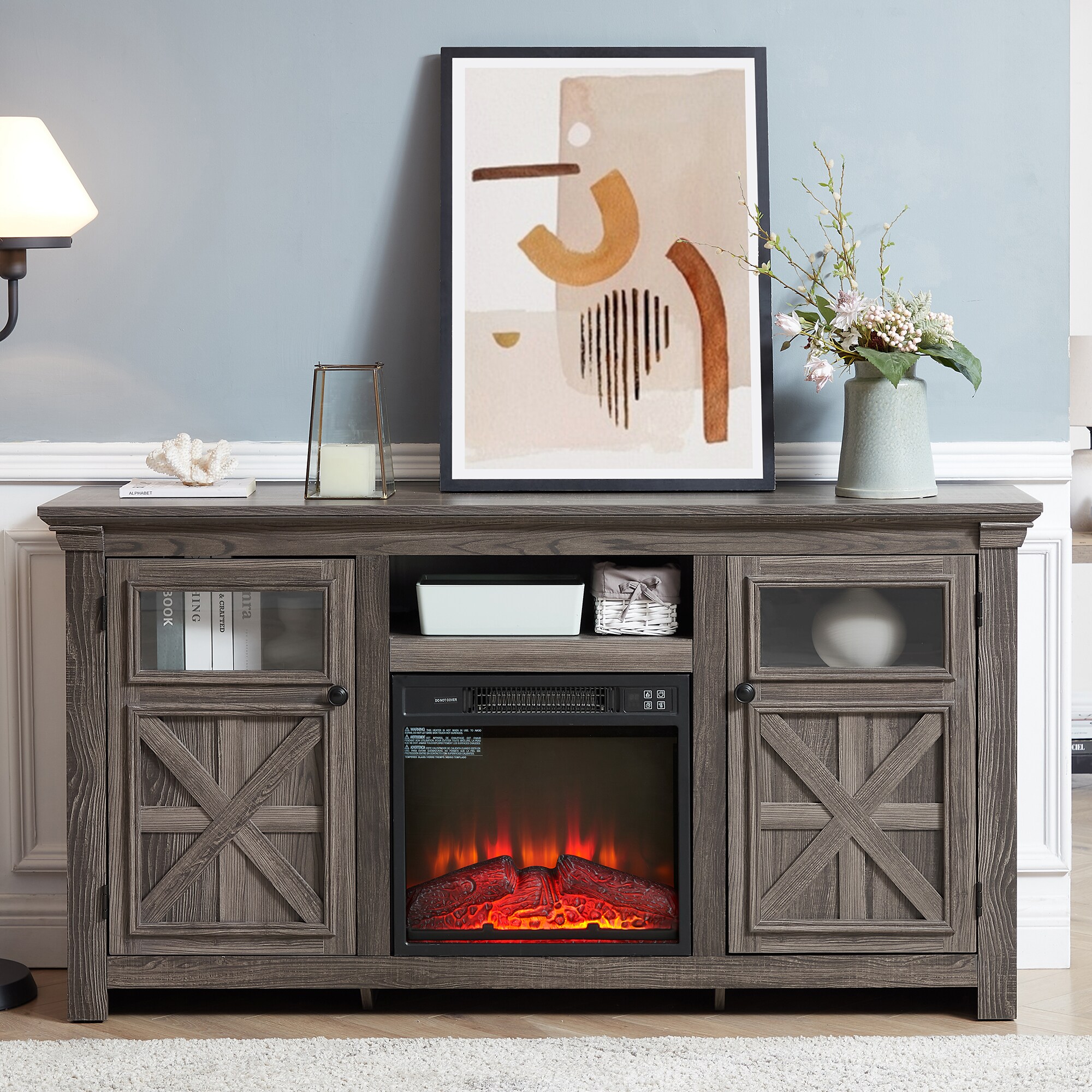 Fun Orange TV Stand with Fireplace Modern/Contemporary Gray 60.23-in W TV cabinet ( Accommodates TVs up to 65-in )