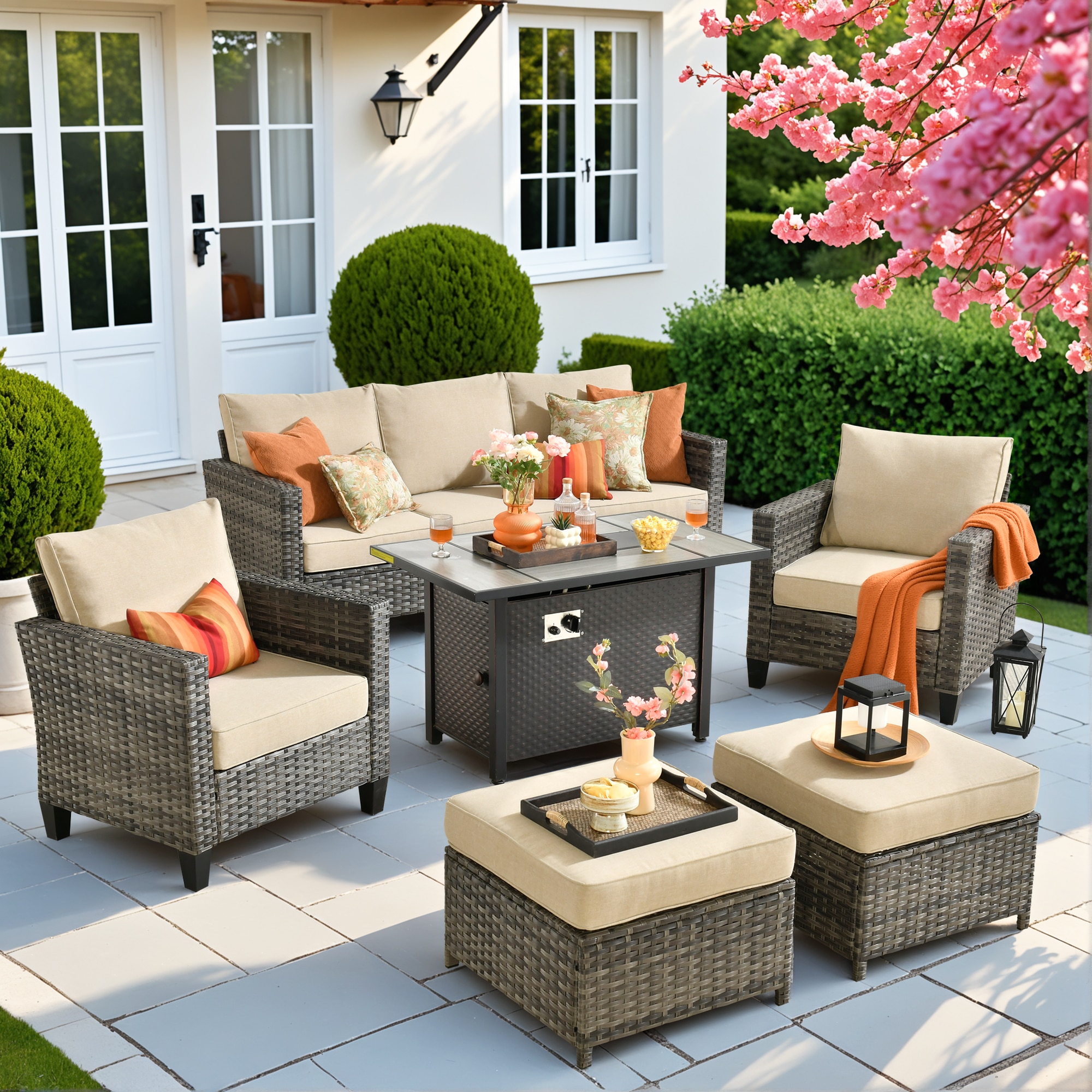 Caodoc L5-CFP03-GRS606 Golden Stars Rattan Outdoor Sectional with Beige Cushions and Rattan Frame