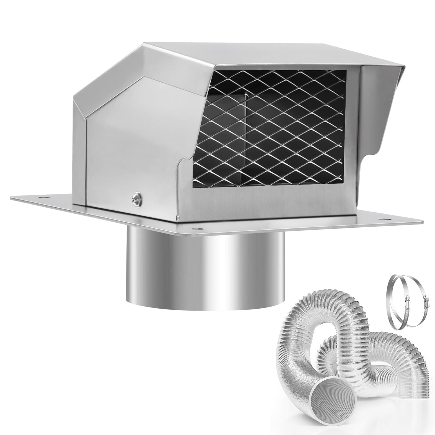 Lukvuzo  4 Inch Stainless Steel Roof Vent Kit with 5 Foot Aluminum Ducting and Durable Duct Clamps for Bathroom Exhaust and Dryer Ventilation