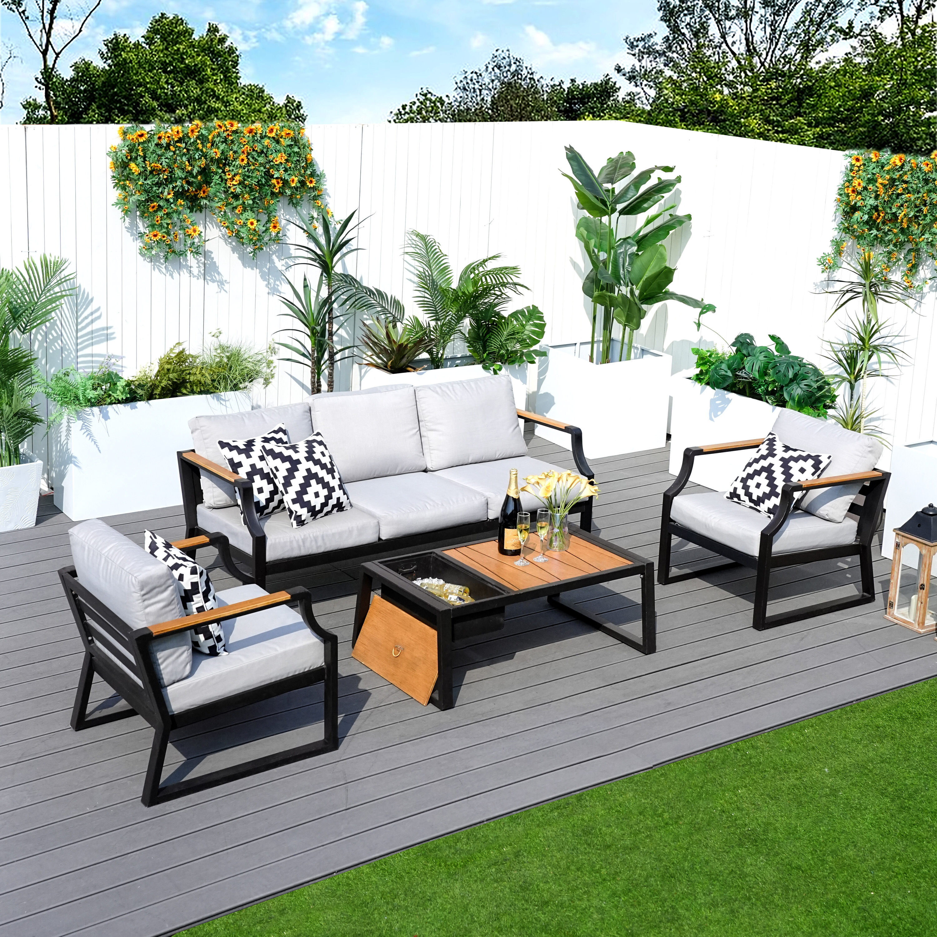 Moda Furnishings MOS-2104-B Warm 4 -Piece Patio Sofa Conversation Set with Gray Cushions