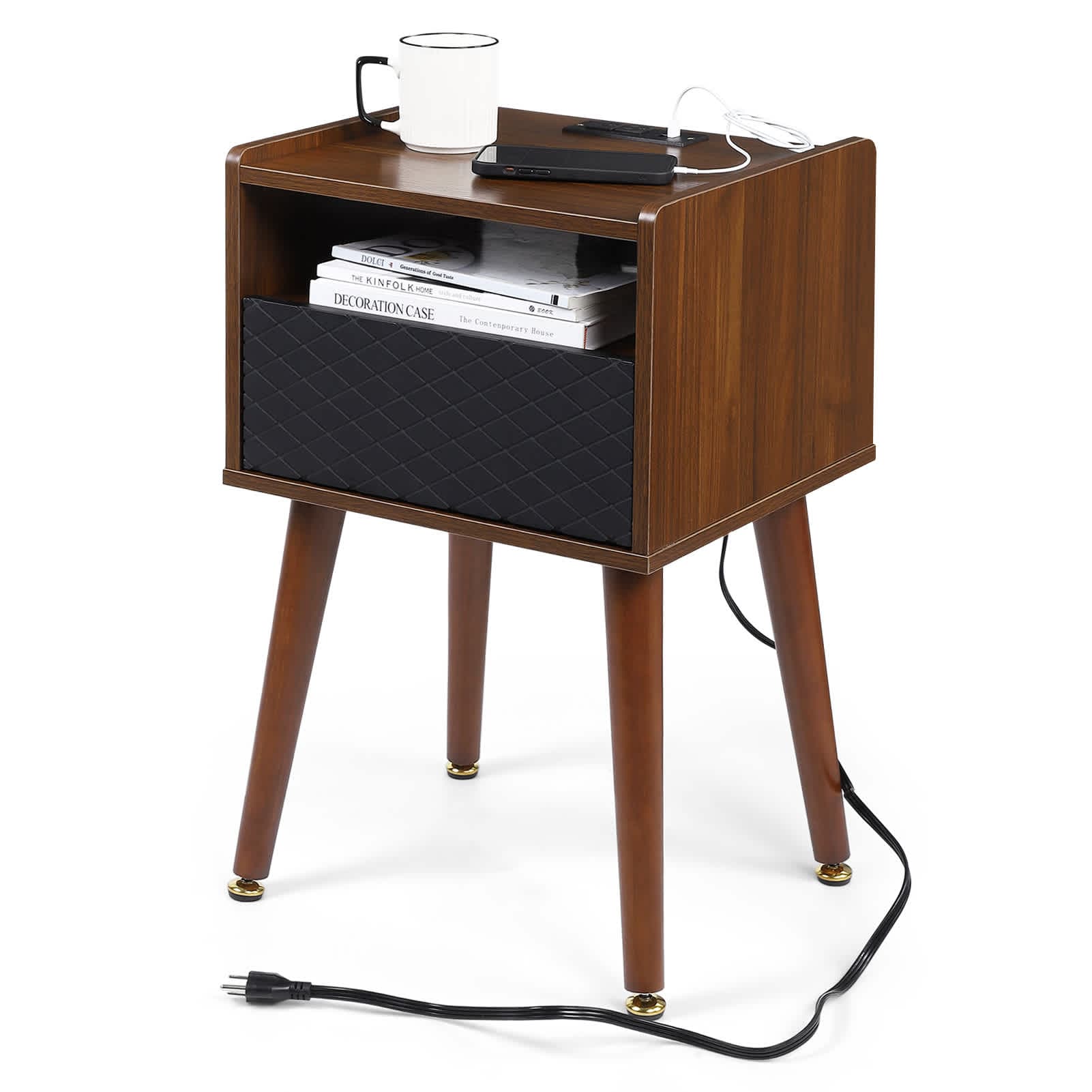 Qeetex JXNAG-PHO-0Z39V8QY Mid Century End Table with Charging Station Modern One Drawer Nightstand Side Table with Premium Matte Black Handle and Pine Wood Legs for Home Bedroom Living Room