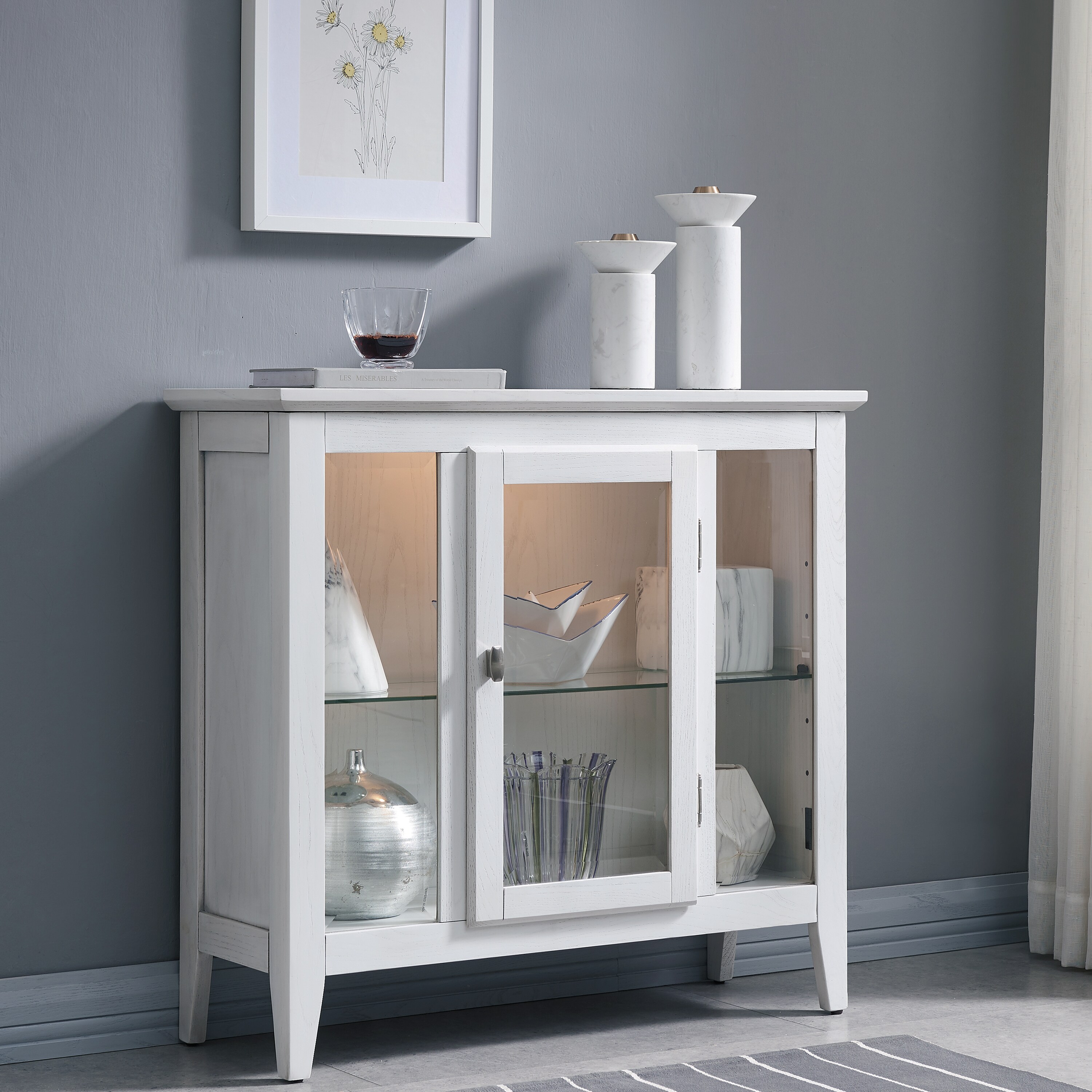 Weathered White Lighted Wood Curio Cabinet with Glass Shelves