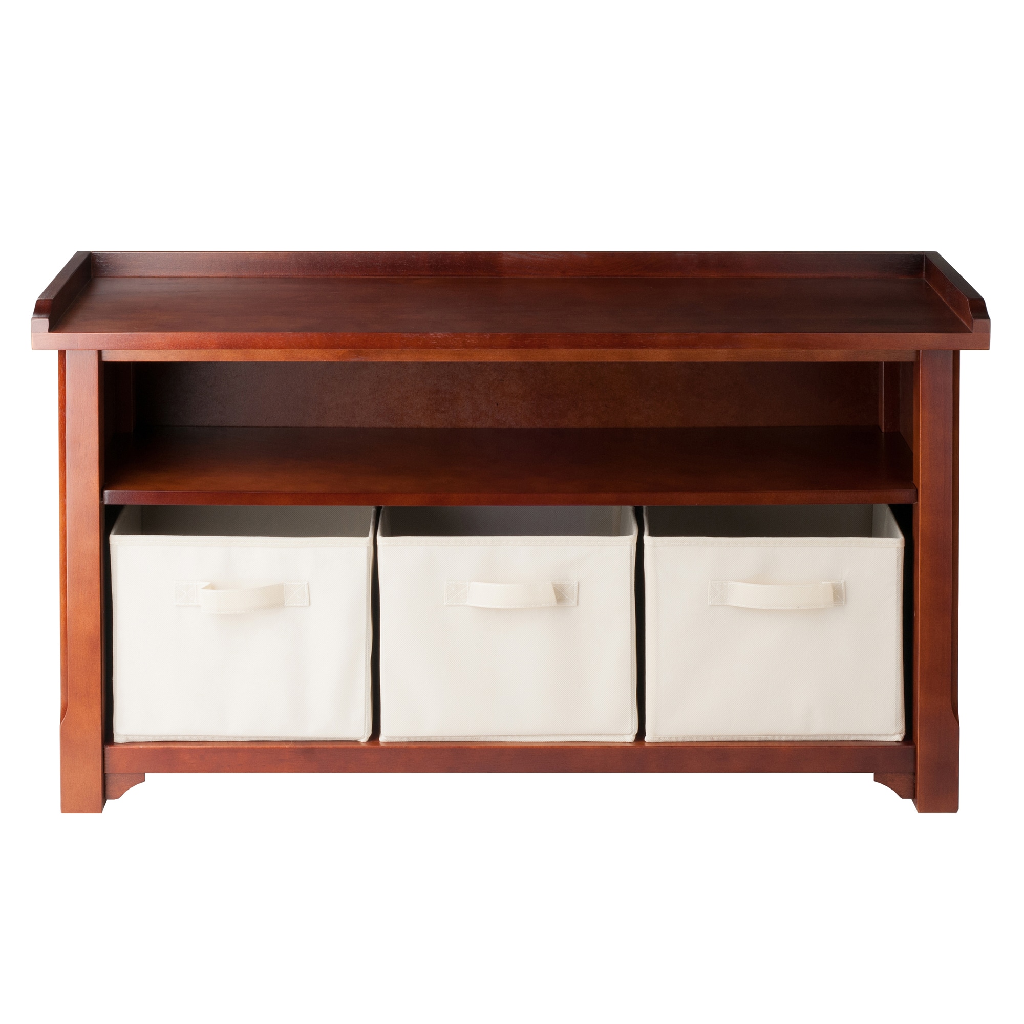 Winsome Transitional Walnut Storage Bench with Beige Fabric Baskets