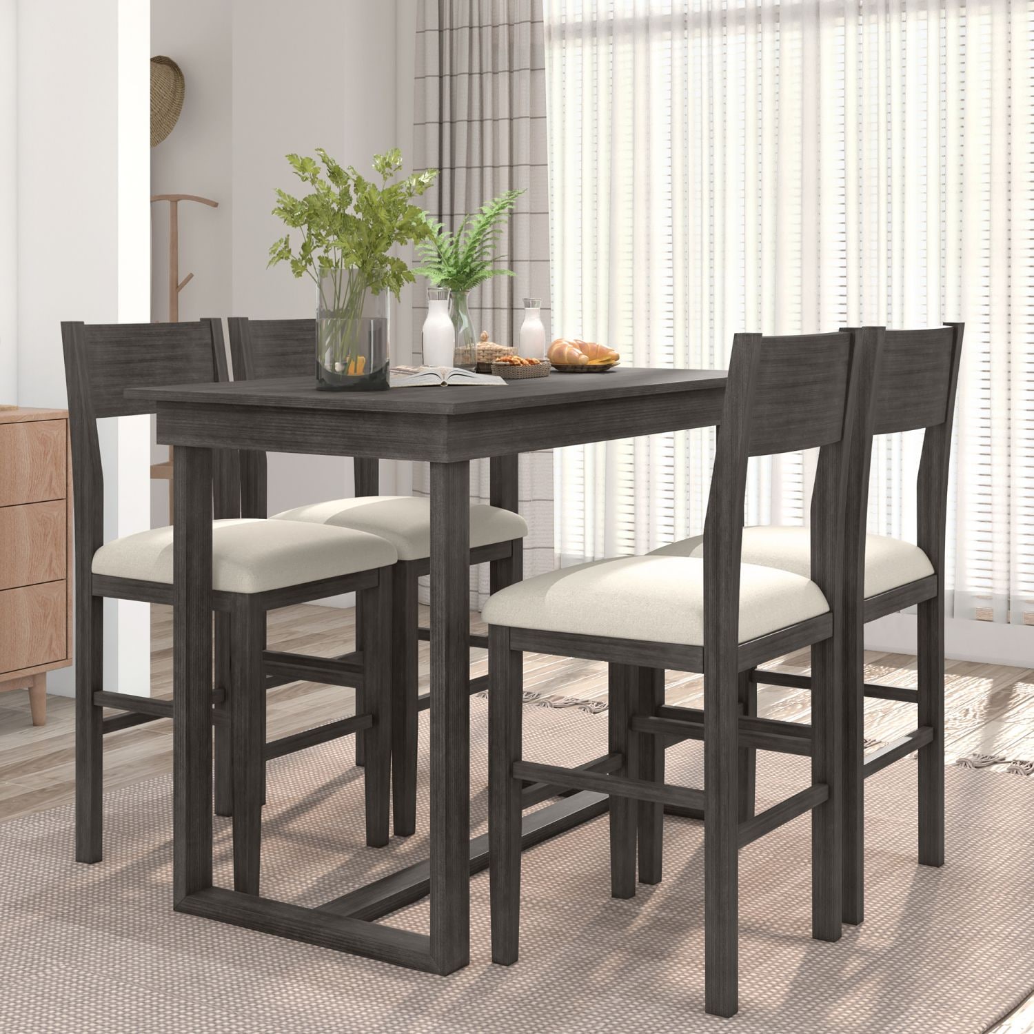 JASMODER SH000230AAE Farmhouse Counter Height 5-Piece Dining Table Set With 1 Rectangular Dining Table And 4 Dining Chairs For Small Places, Gray