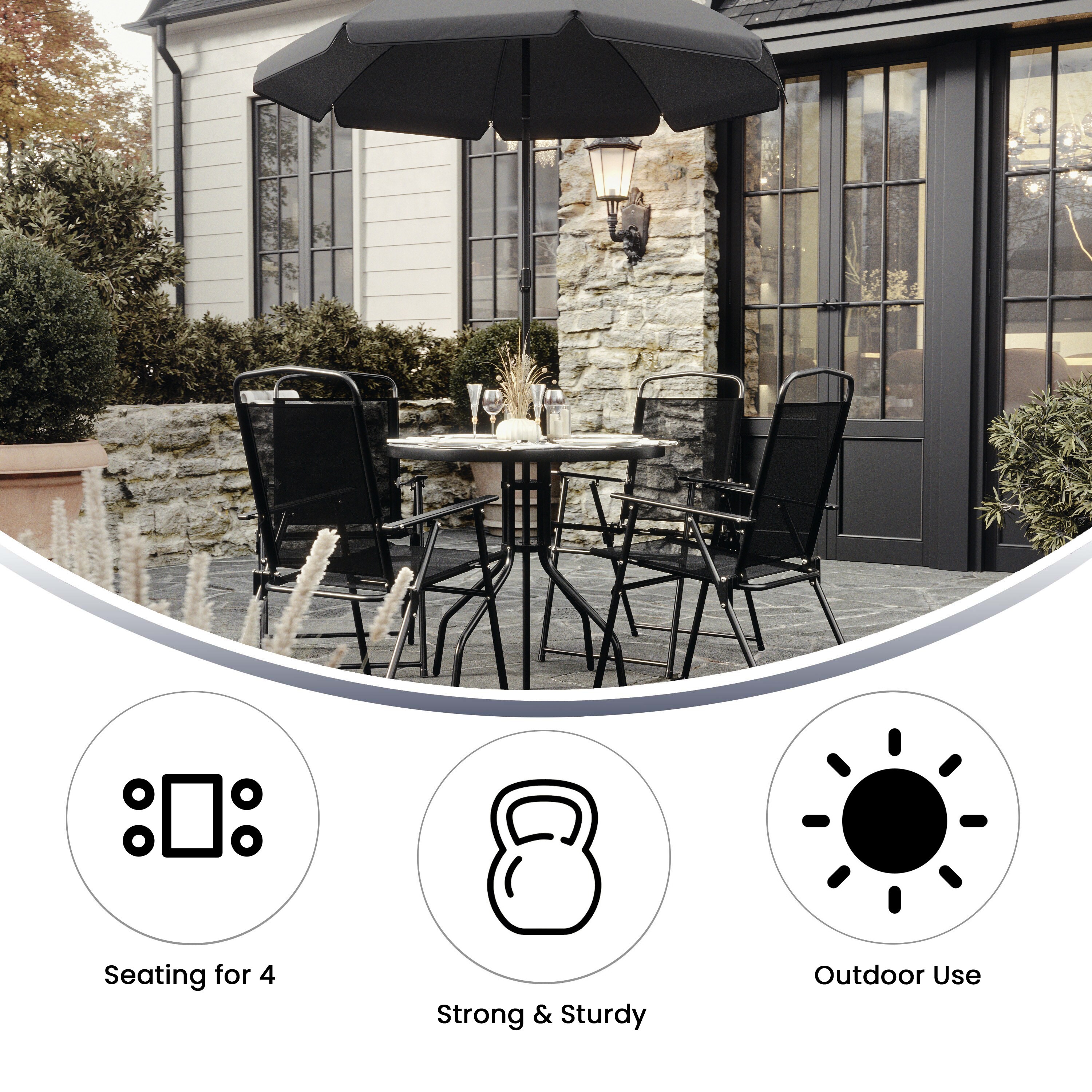 Nantucket 6-Piece Black Steel Patio Furniture Set with Umbrella