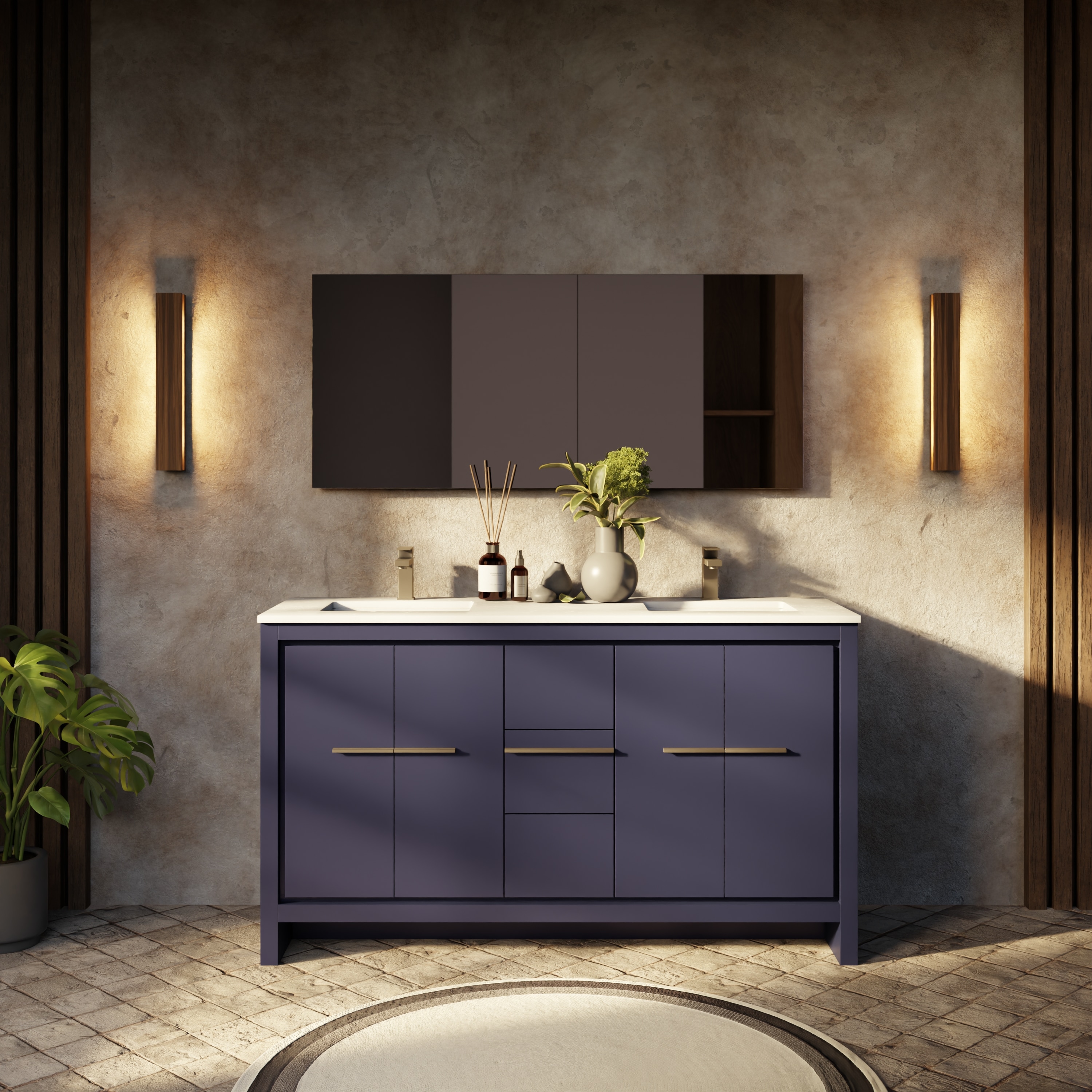 Lexora LVSCSH60DNB210 Scotshire 60-in Navy Blue Undermount Double Sink Bathroom Vanity with White Quartz Top (Mirror Included) (Fully Assembled)