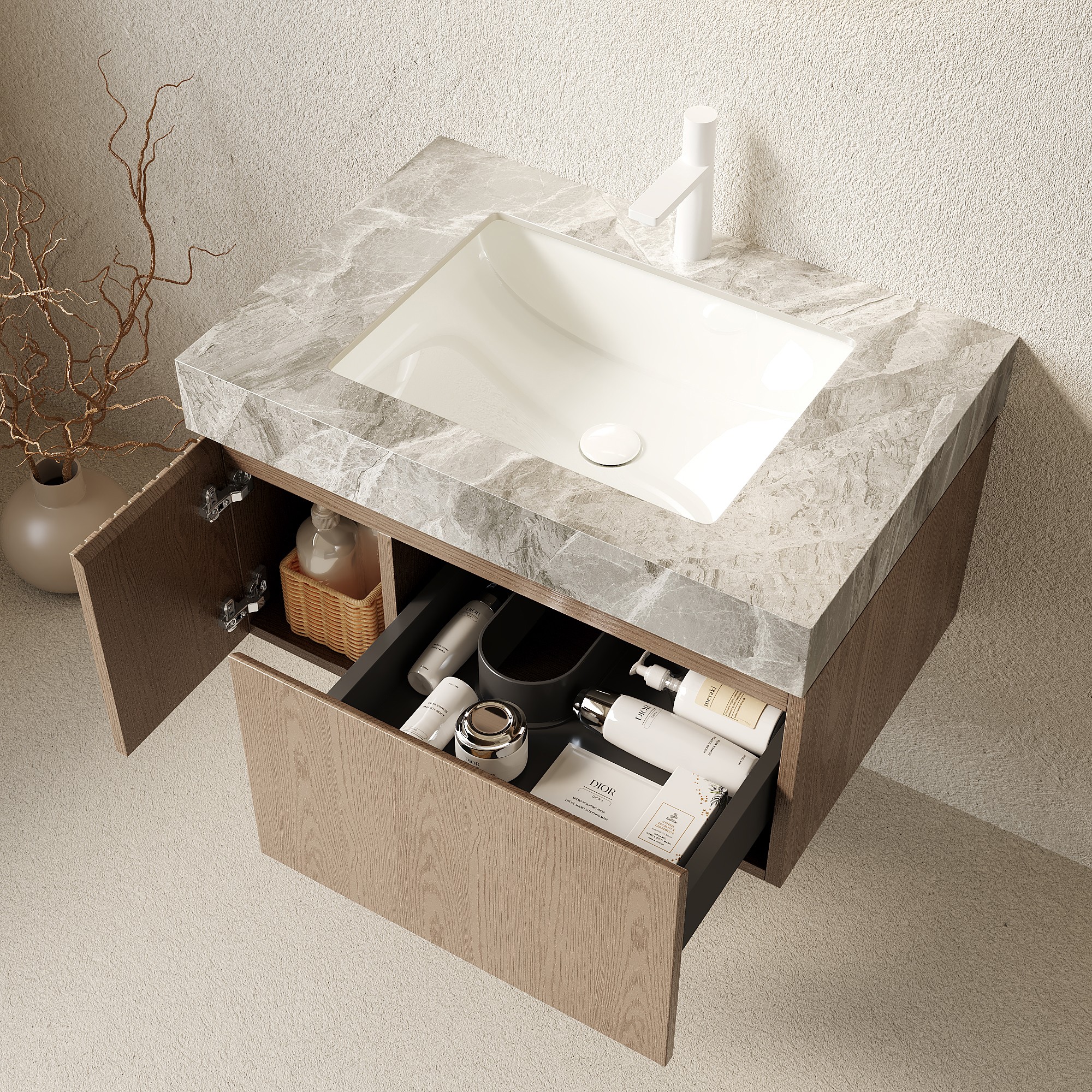 Cuschoice  30 in.Single Sink Light Brown Floating Bathroom Vanity Stone Gray Top Ceramic Basin Soft-close Door Drawer