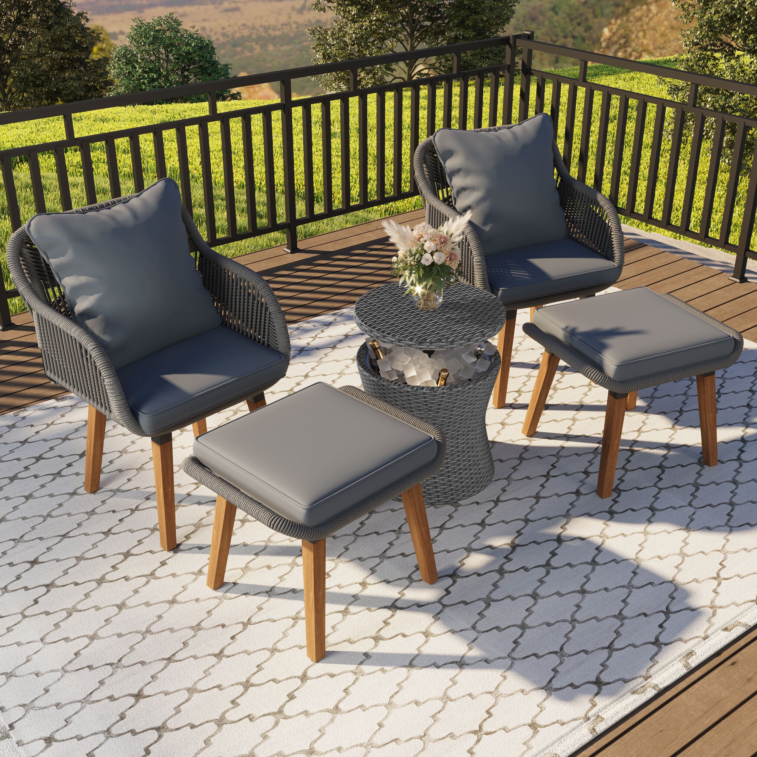 5-Piece Wicker Patio Conversation Set with Gray Cushions | - Mondawe OR-FG66A-GO